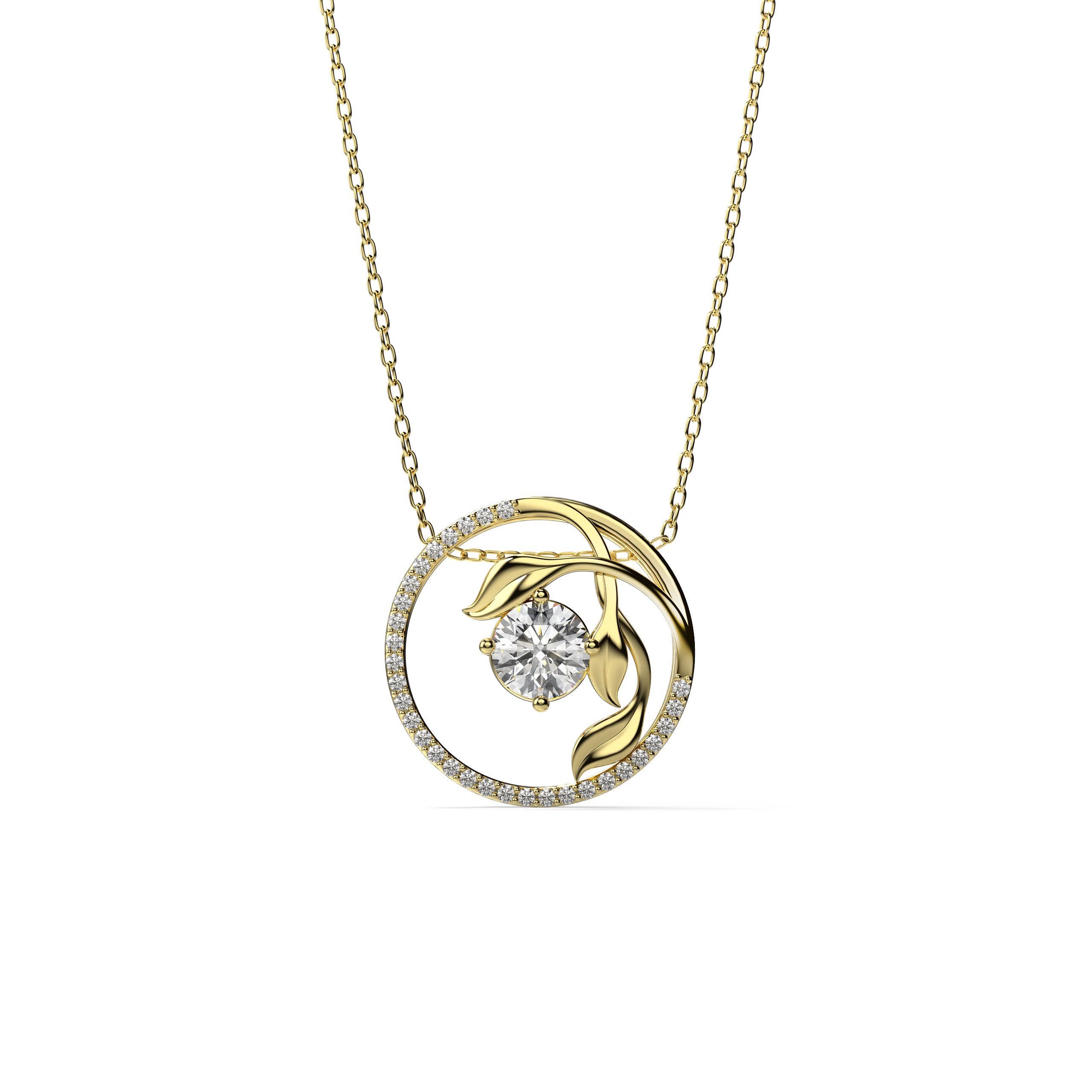 Round-Cut Diamond Pendant with Leaf Motif