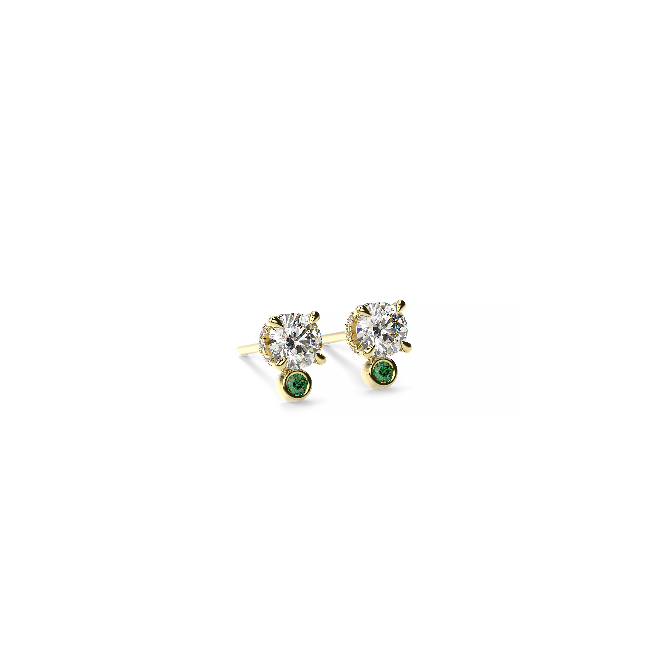 Round Diamond Halo Earrings with Emerald Accents