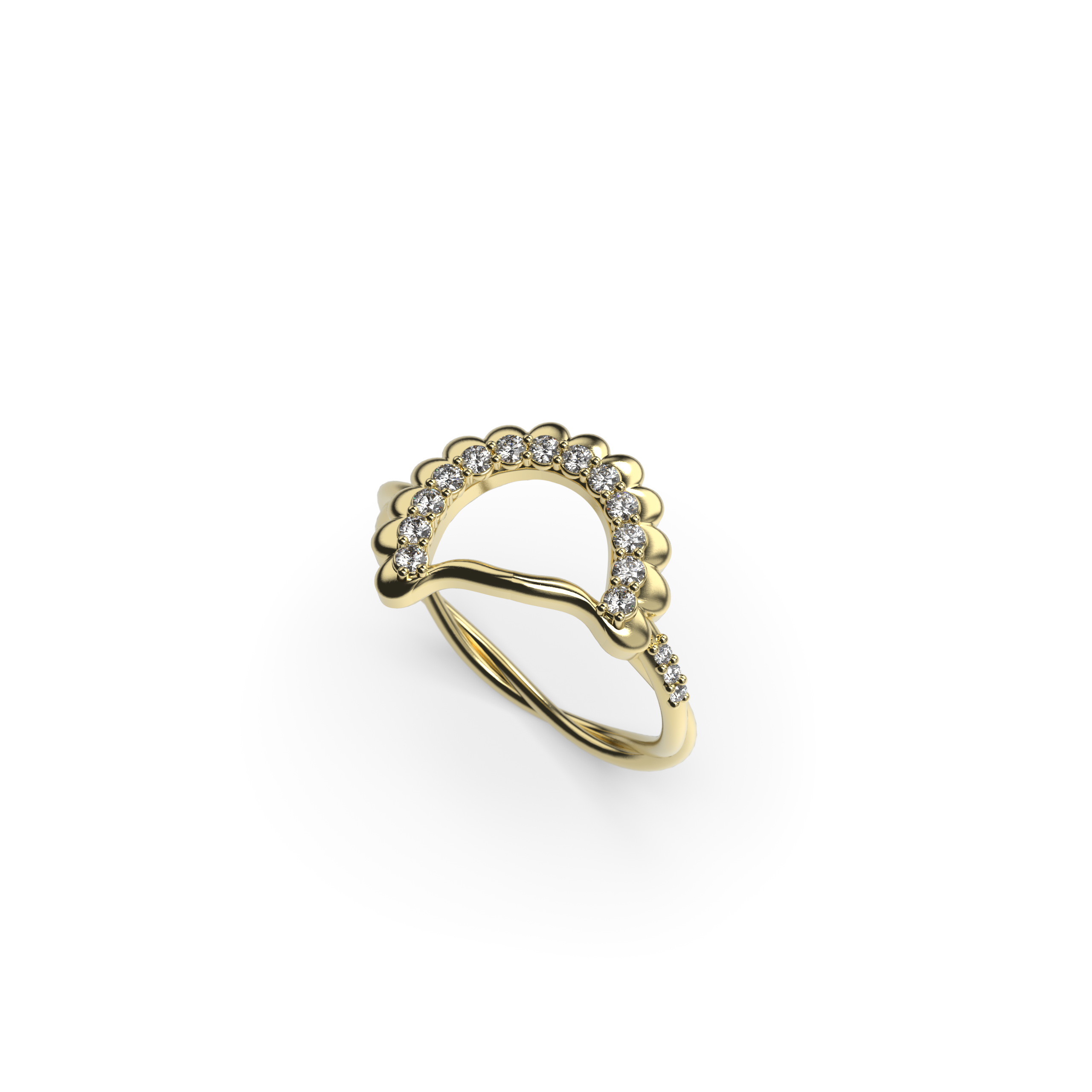 Yellow gold Pierogie ring with round diamonds and twisted shank perspective view