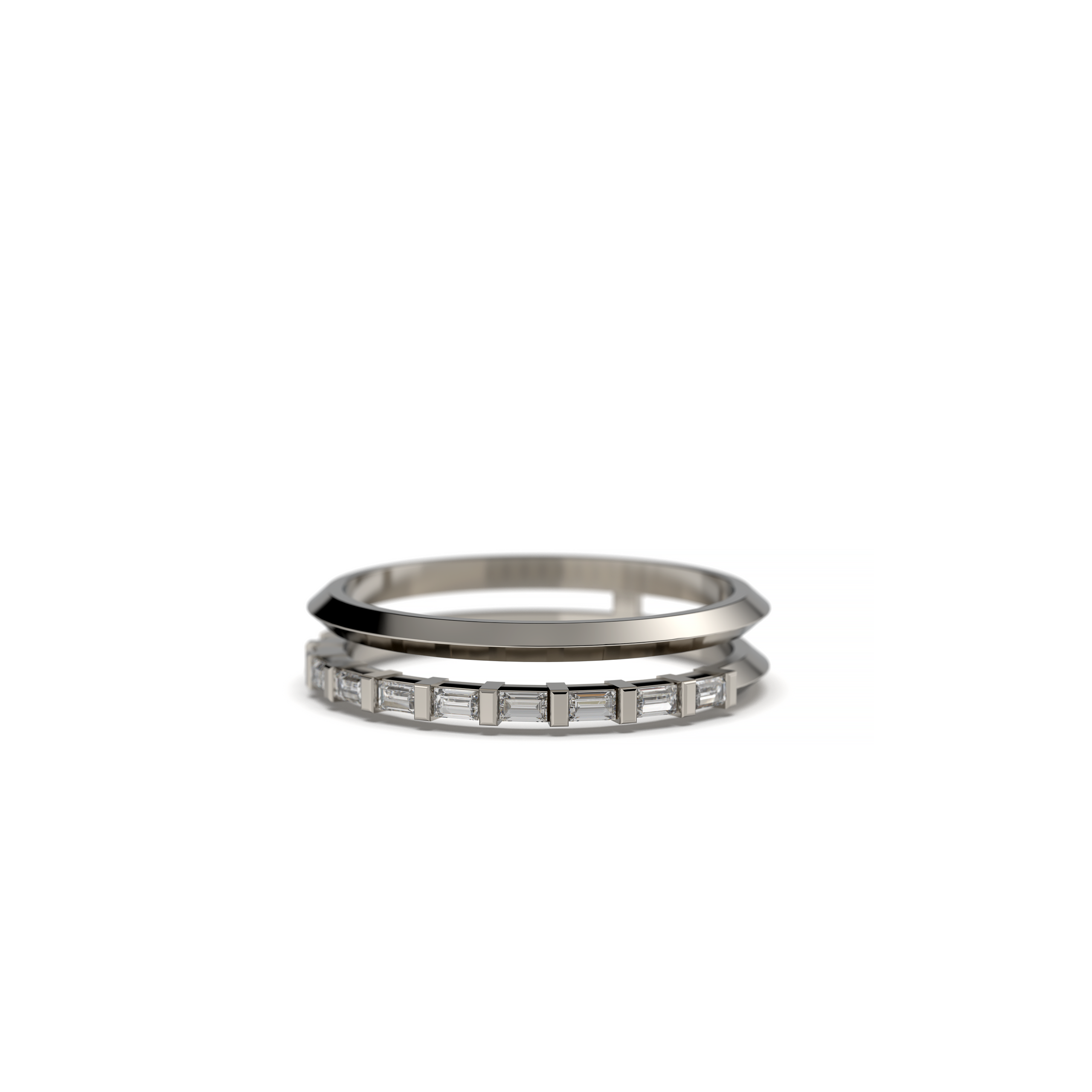 Close-up of baguette diamonds set in parallel bands of a white gold ring, emphasizing refined, contemporary detail.
