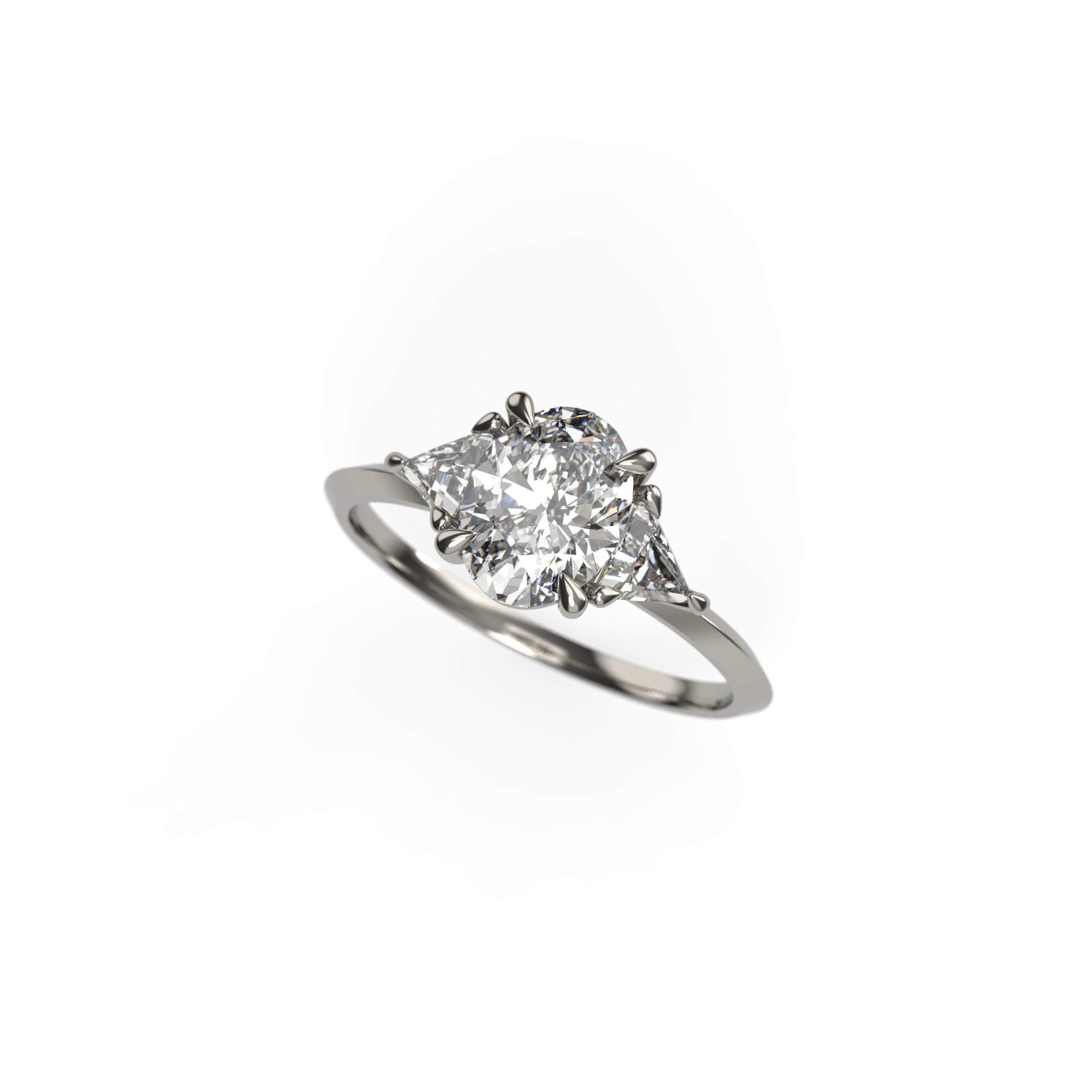 Oval Diamond Engagement Ring with Trillion Diamonds and Knife-Edge Band
