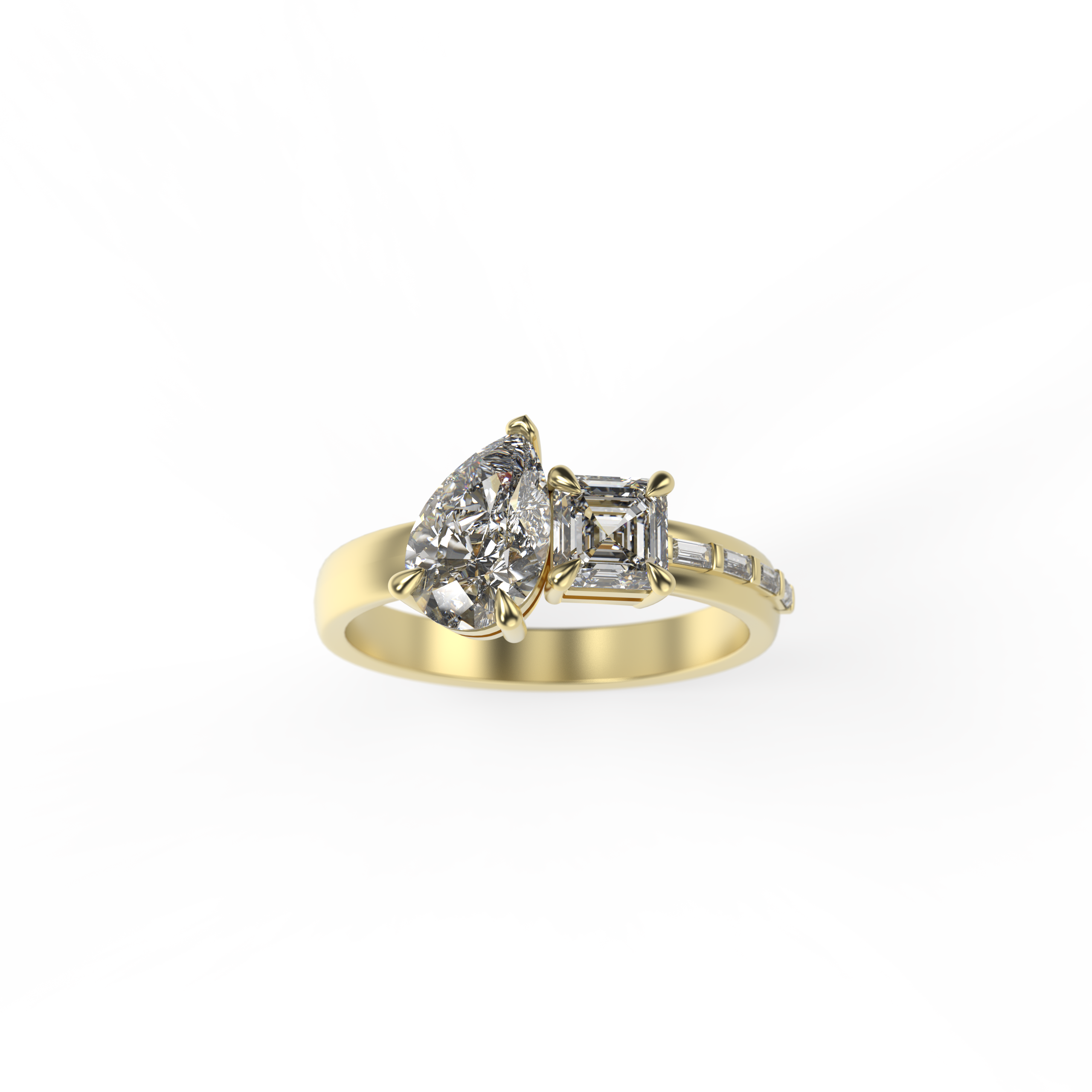 Pear with Asscher Cut Diamond Engagement Ring with Baguette-Set Band