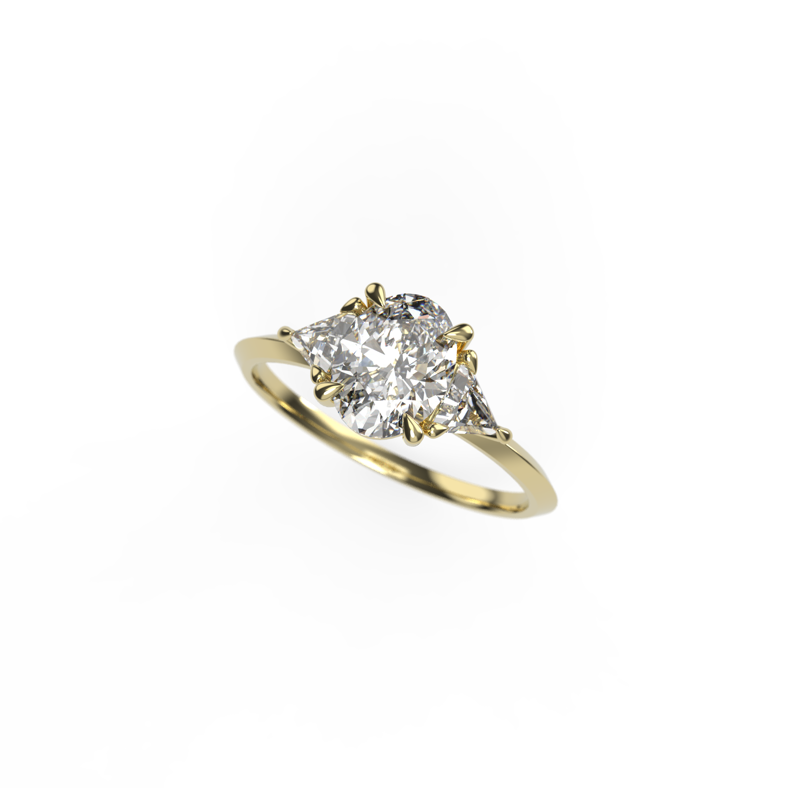 Oval Diamond Engagement Ring with Trillion Diamonds and Knife-Edge Band