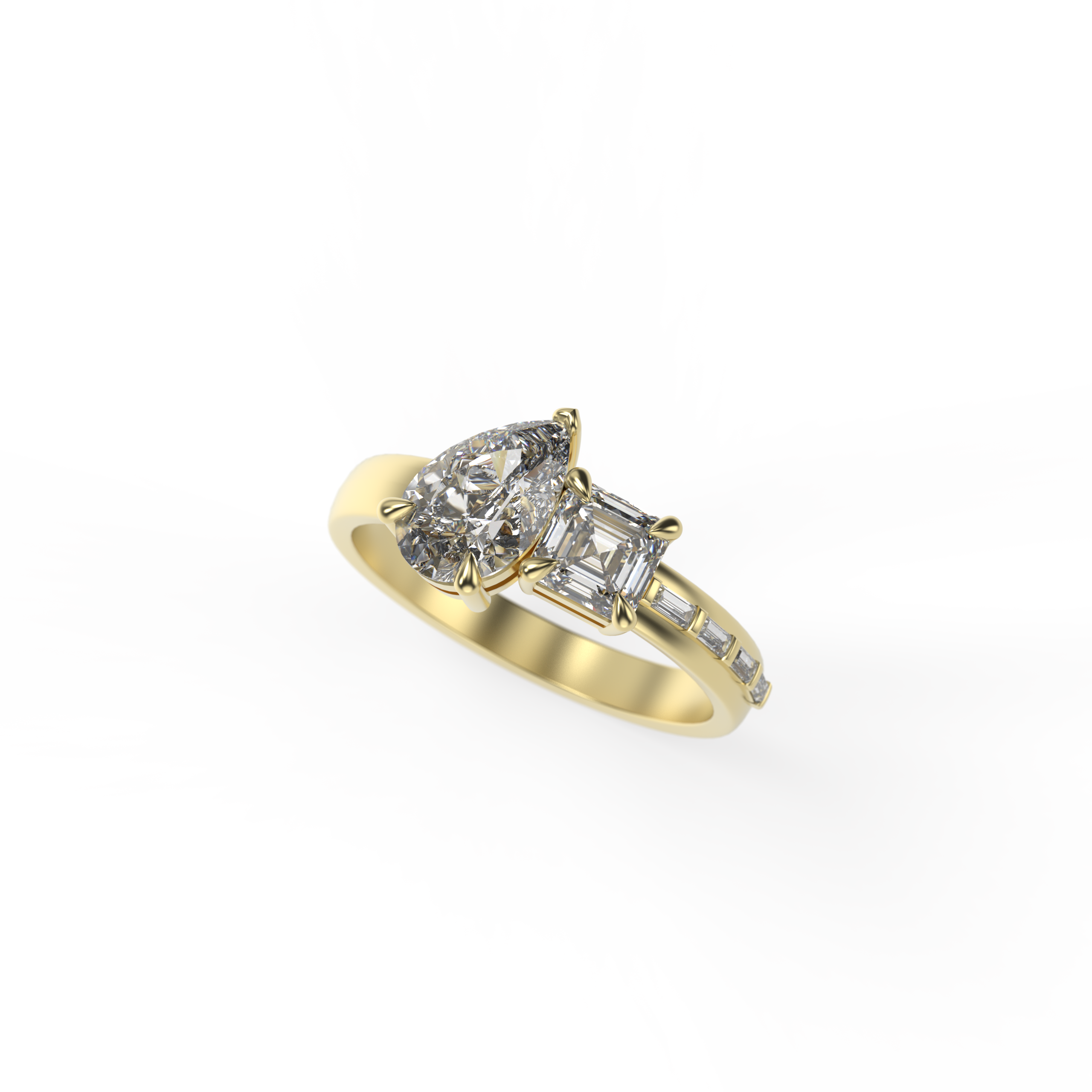 Pear with Asscher Cut Diamond Engagement Ring with Baguette-Set Band