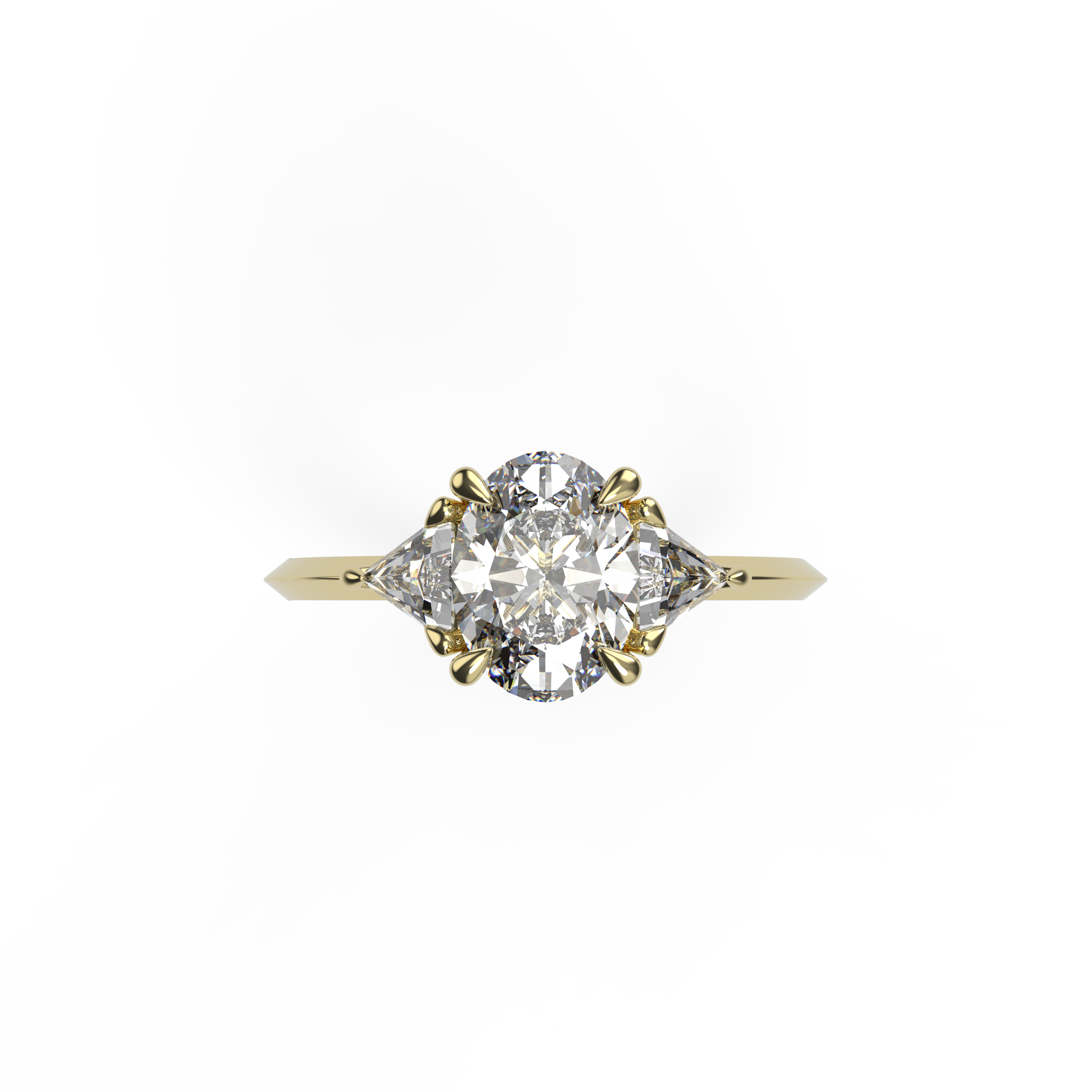 Oval Diamond Engagement Ring with Trillion Diamonds and Knife-Edge Band