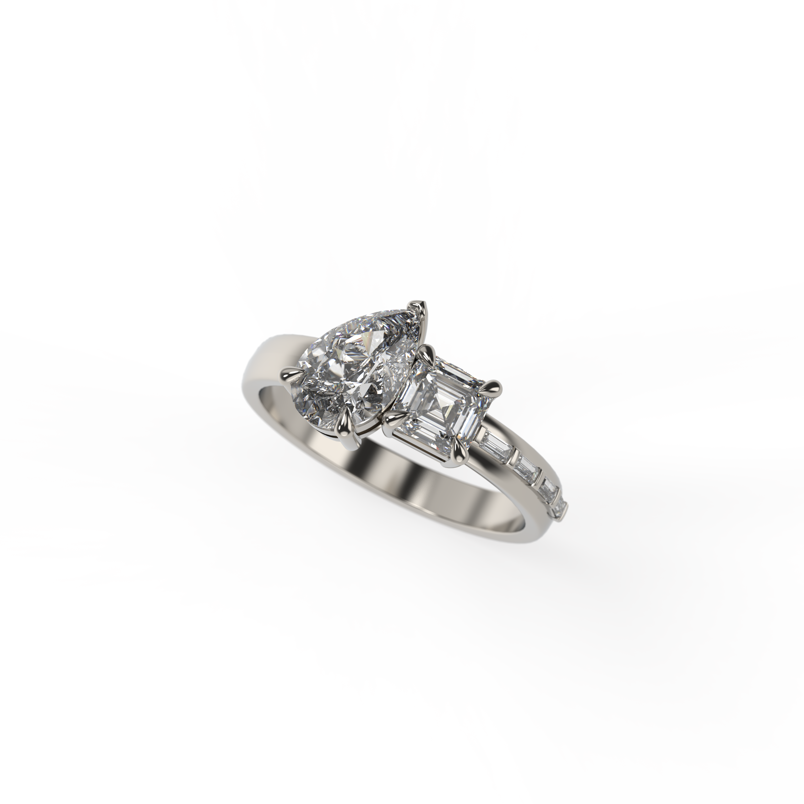 Pear with Asscher Cut Diamond Engagement Ring with Baguette-Set Band