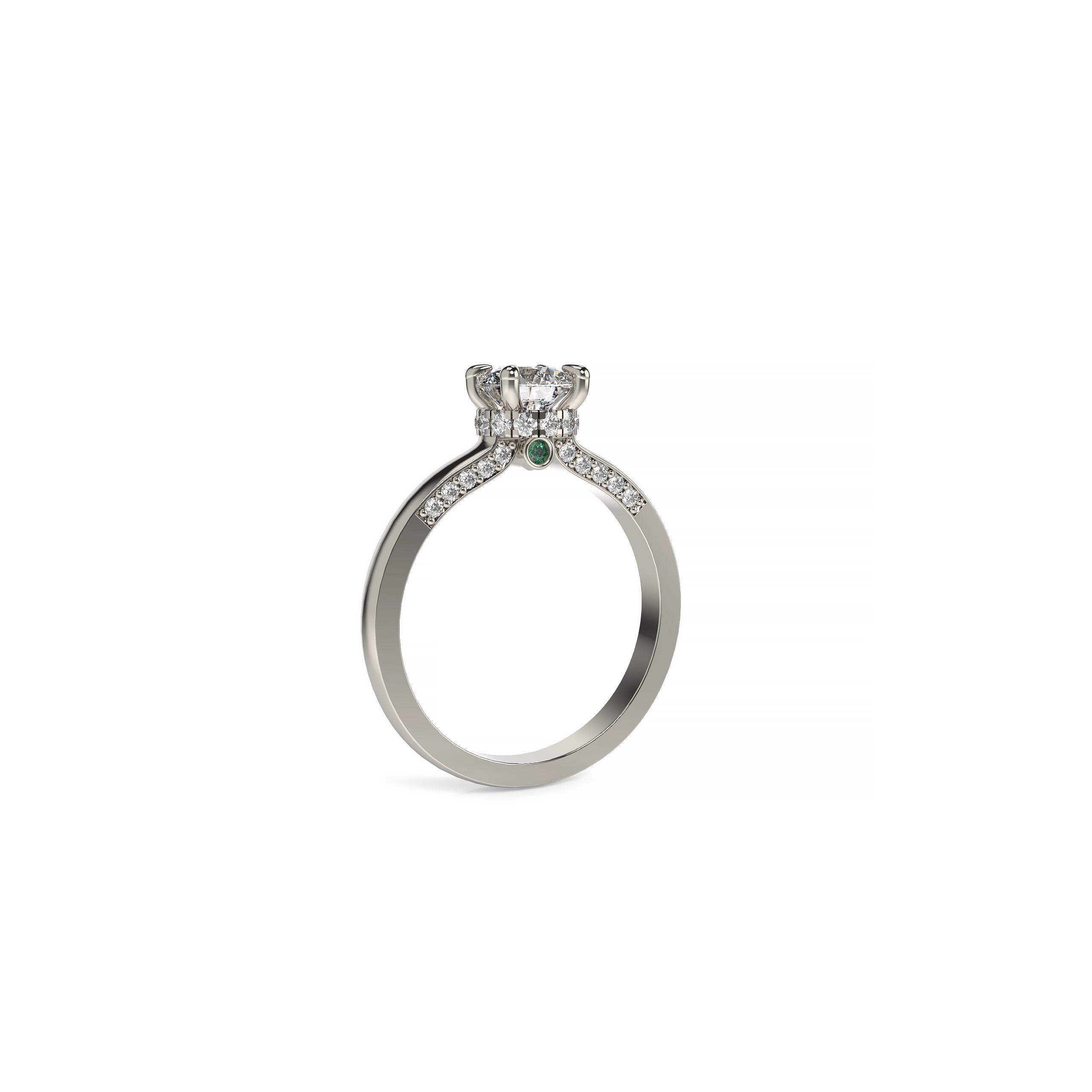 Round Diamond Engagement Ring with Hidden Diamond Halo and Accent Emeralds