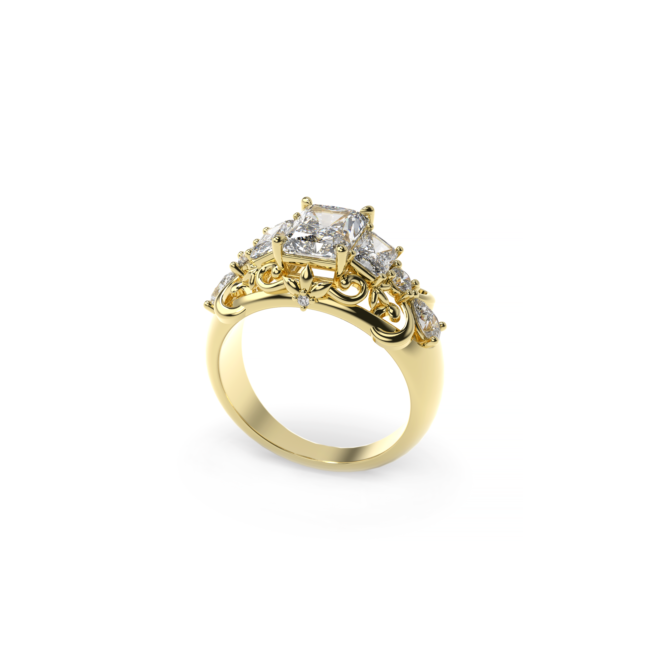 Front view of a vintage-inspired three-stone radiant-cut diamond ring with filigree scrollwork and accent diamonds in yellow gold on a white background