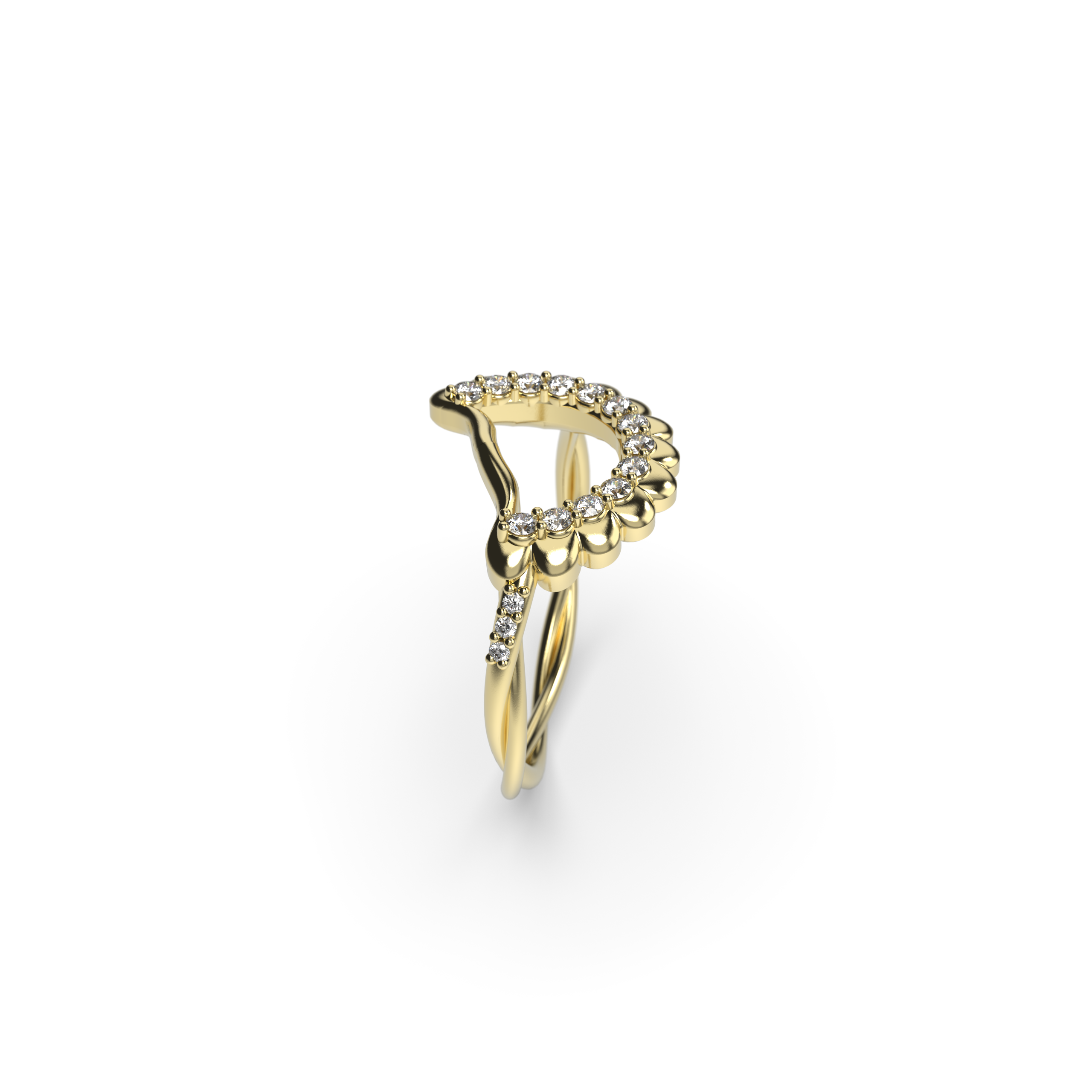 Yellow gold Pierogie ring with round diamonds and twisted shank side view