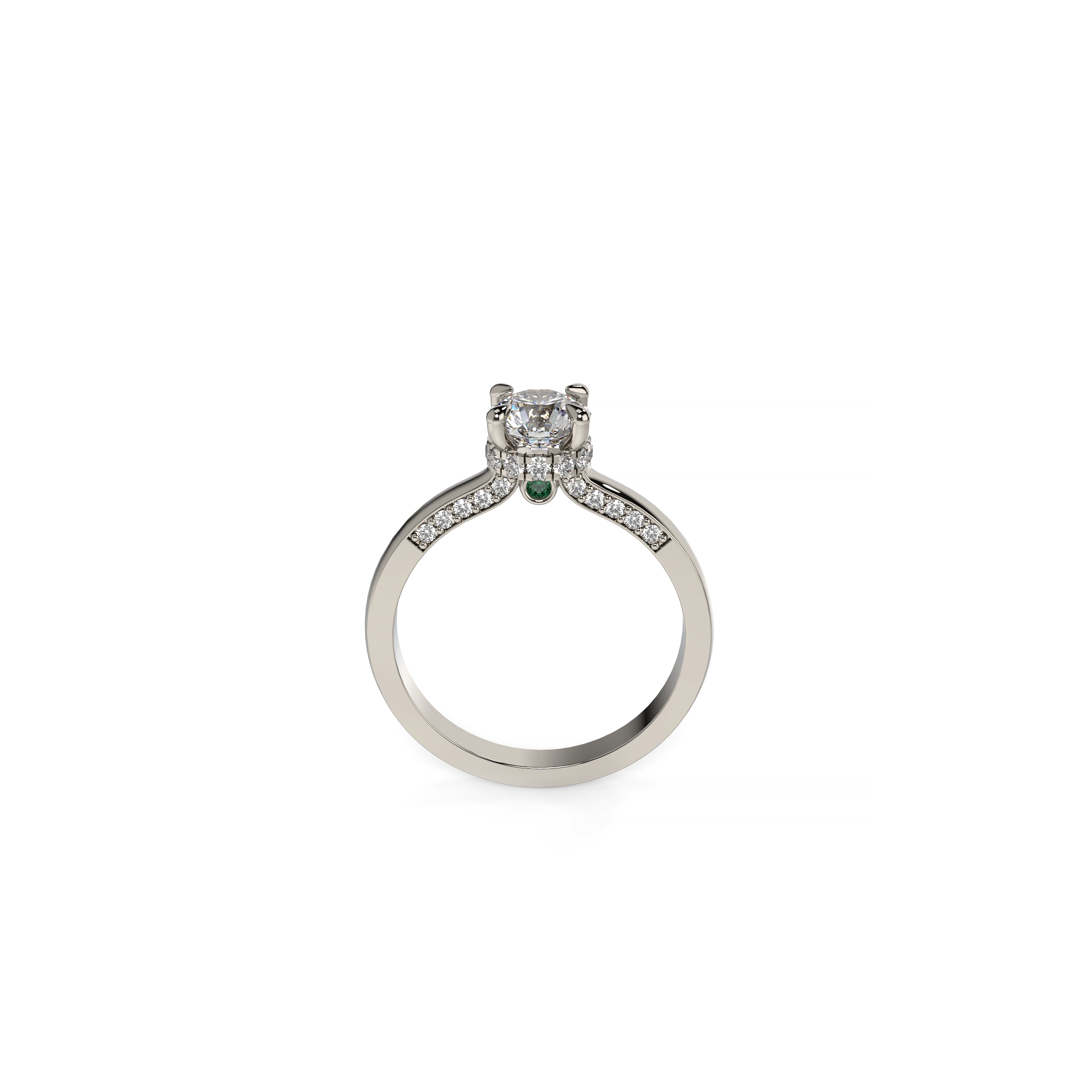 Round Diamond Engagement Ring with Hidden Diamond Halo and Accent Emeralds