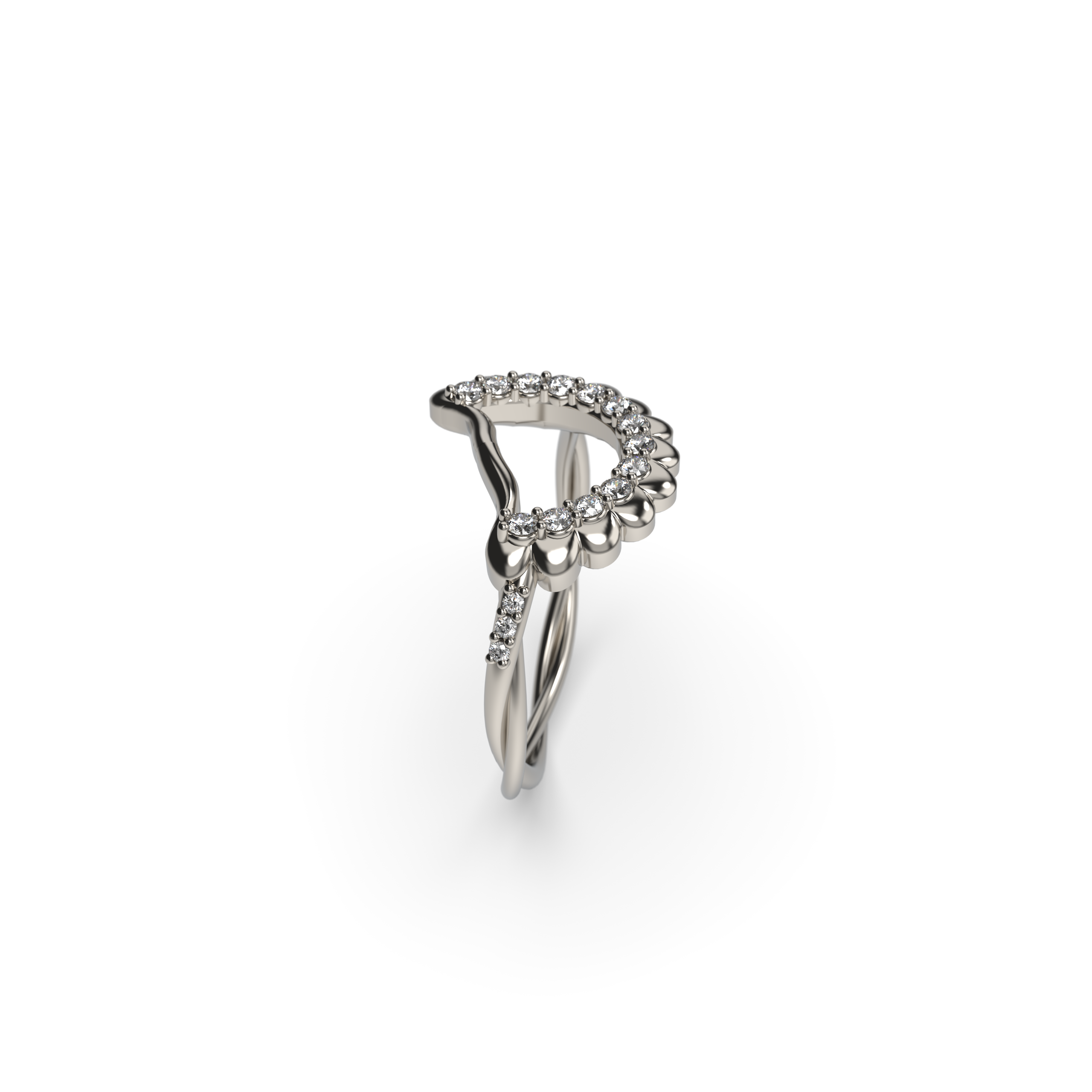 White gold Pierogie ring with round diamonds and twisted shank side view