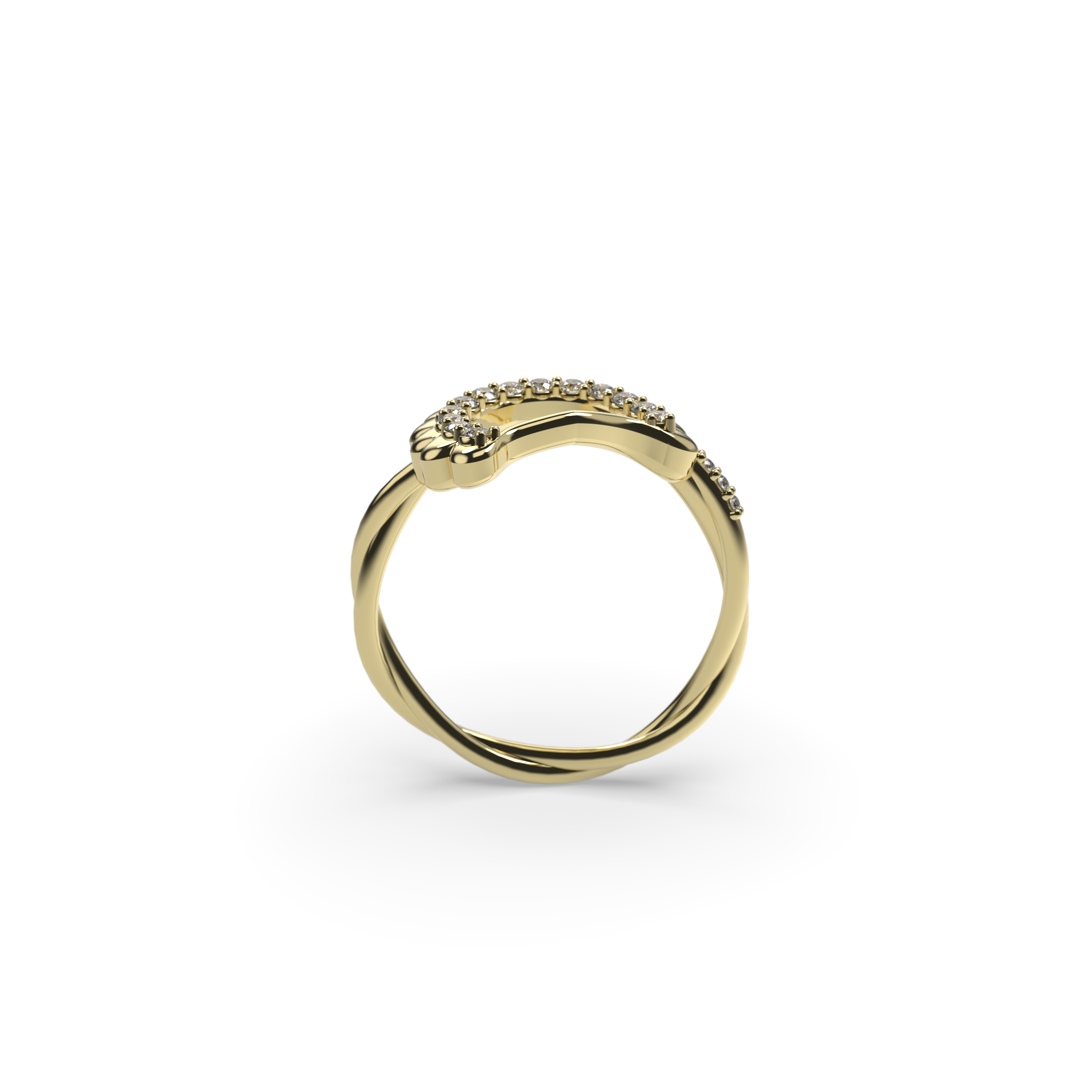 Yellow gold Pierogie ring with round diamonds and twisted shank front view