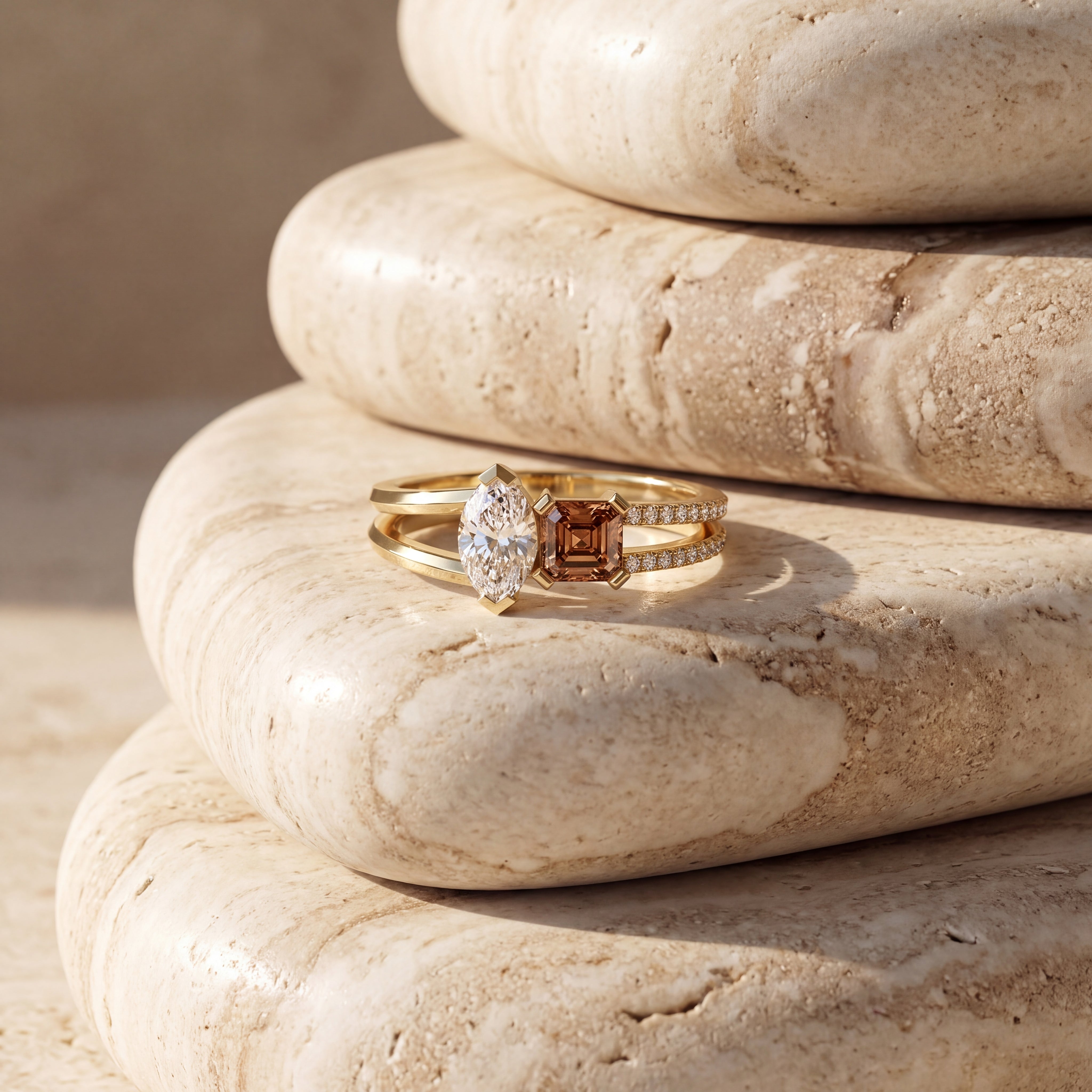 A gold ring set featuring a marquise-cut clear gemstone and an emerald-cut brown gemstone, displayed on stacked beige travertine stones.
