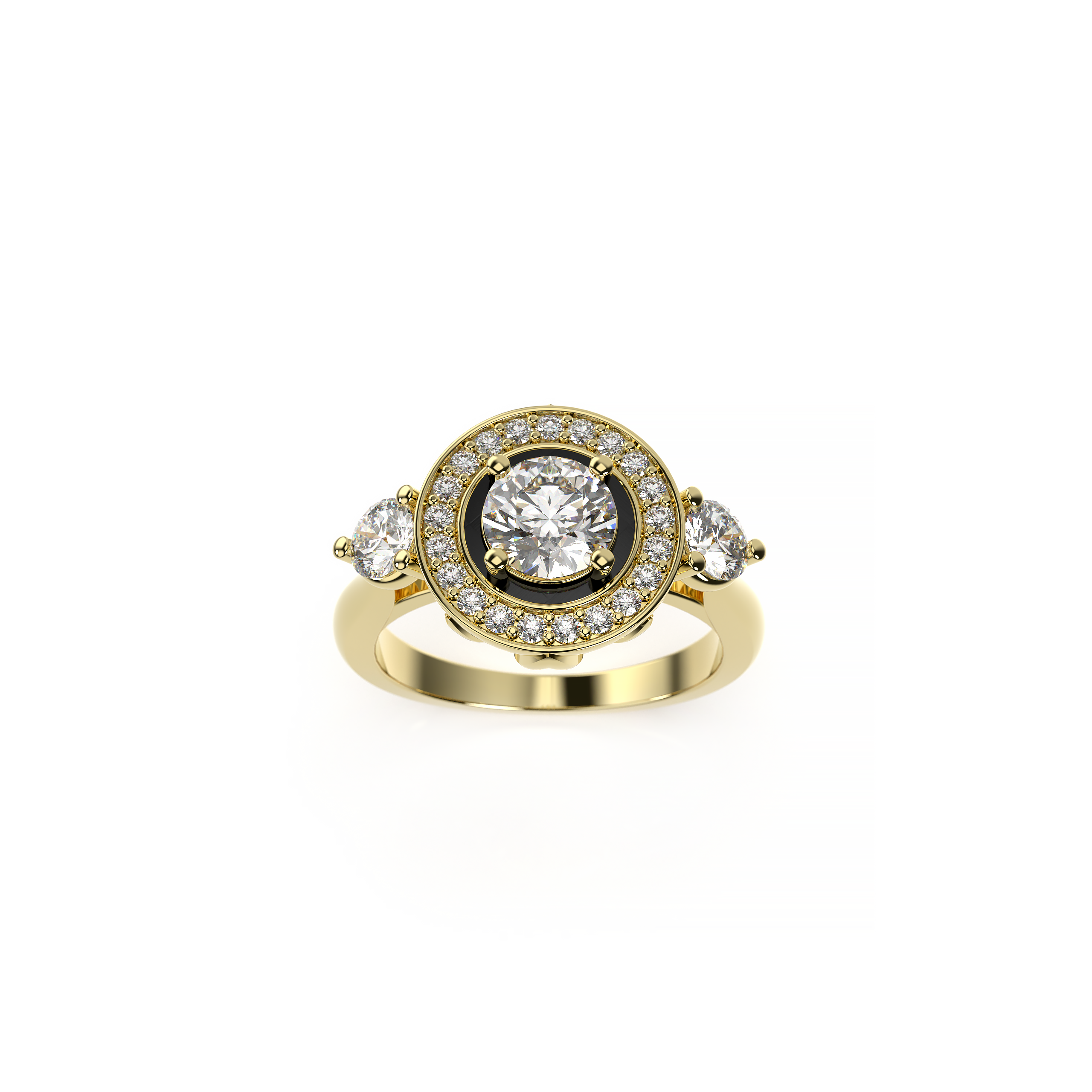Gold ring with diamond accents on a white background