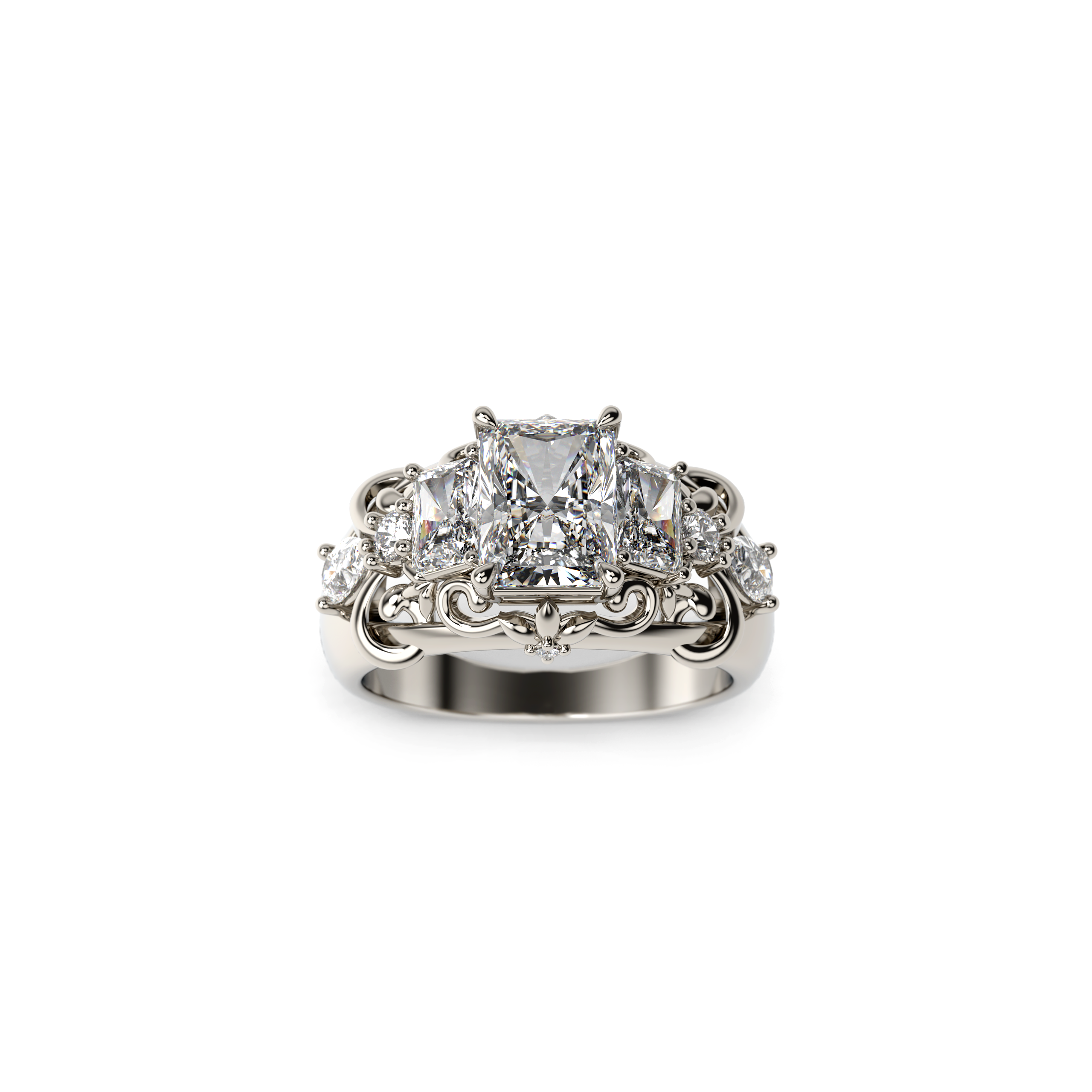 Three-stone radiant-cut diamond ring with filigree scrollwork in white gold, front view on white background