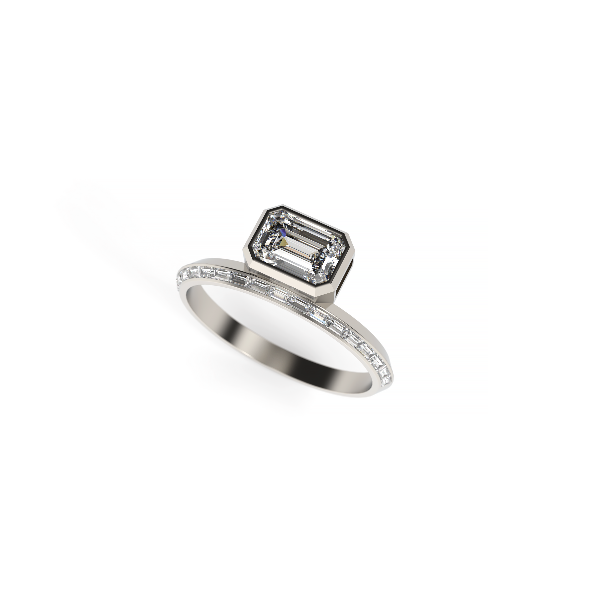 Emerald-Cut Diamond Ring with Baguette Knife-Edge Band