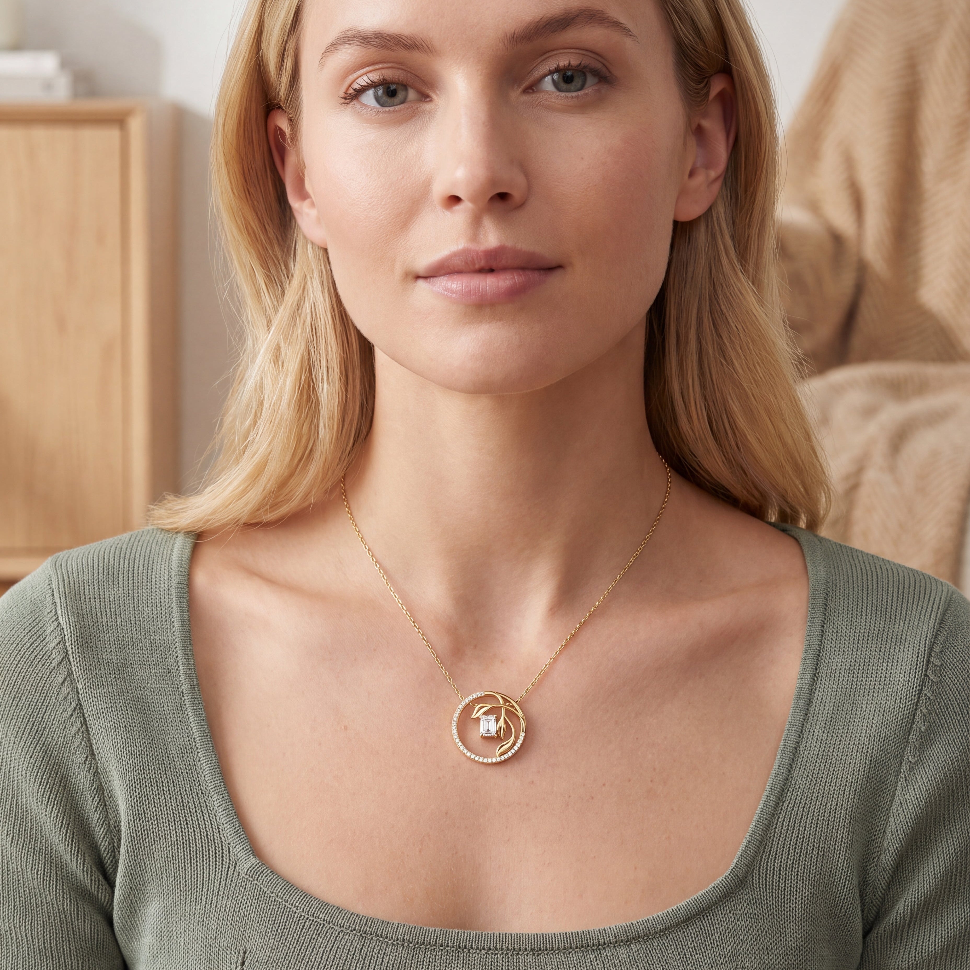 A blonde woman wearing a delicate gold necklace with a circular pendant featuring a stylized deer, set against a softly blurred indoor background.