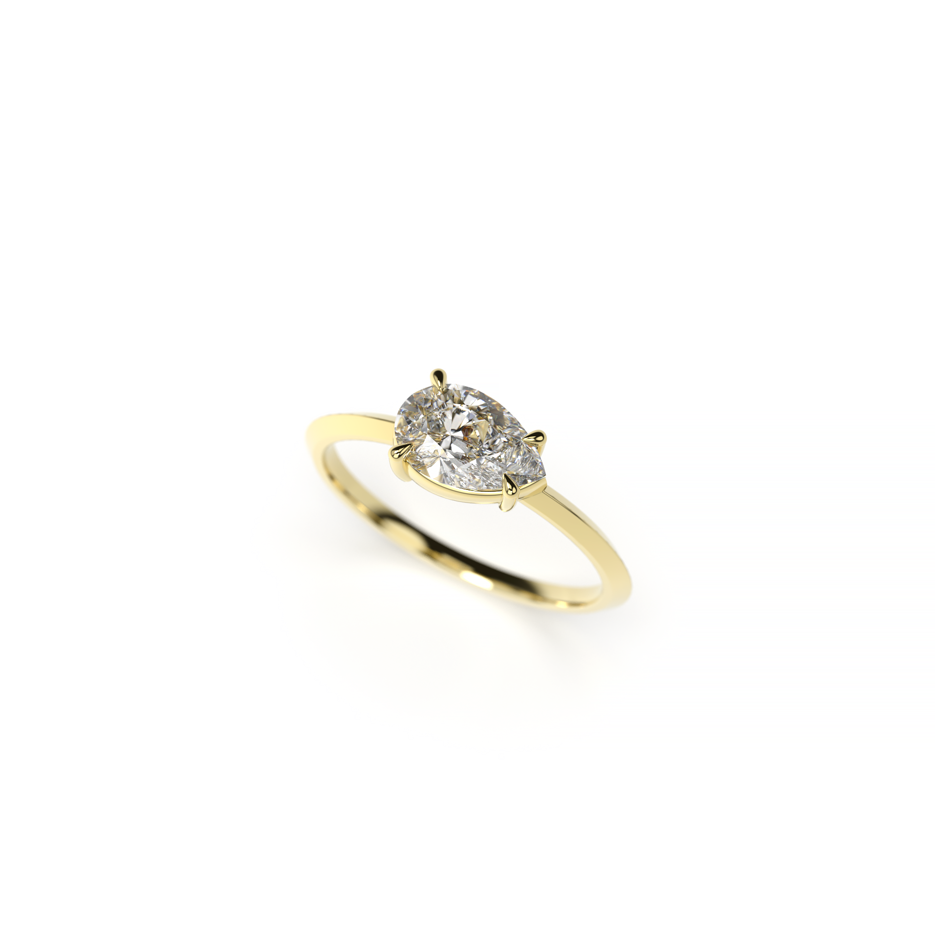 East-west pear-shaped diamond engagement ring in yellow gold, angled view