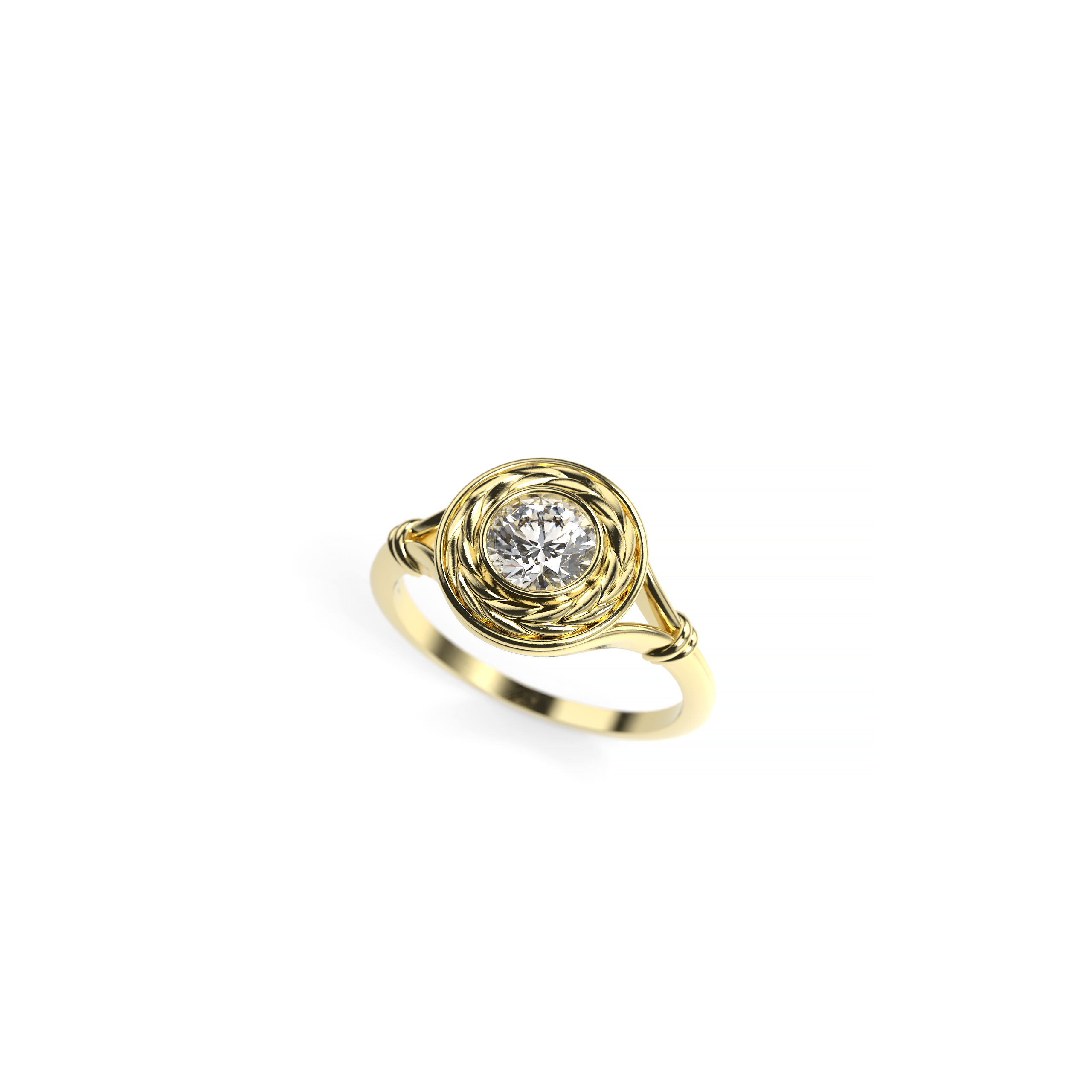 Round diamond engagement ring in yellow gold with wheat-inspired bezel and D-shaped band, shown in perspective view