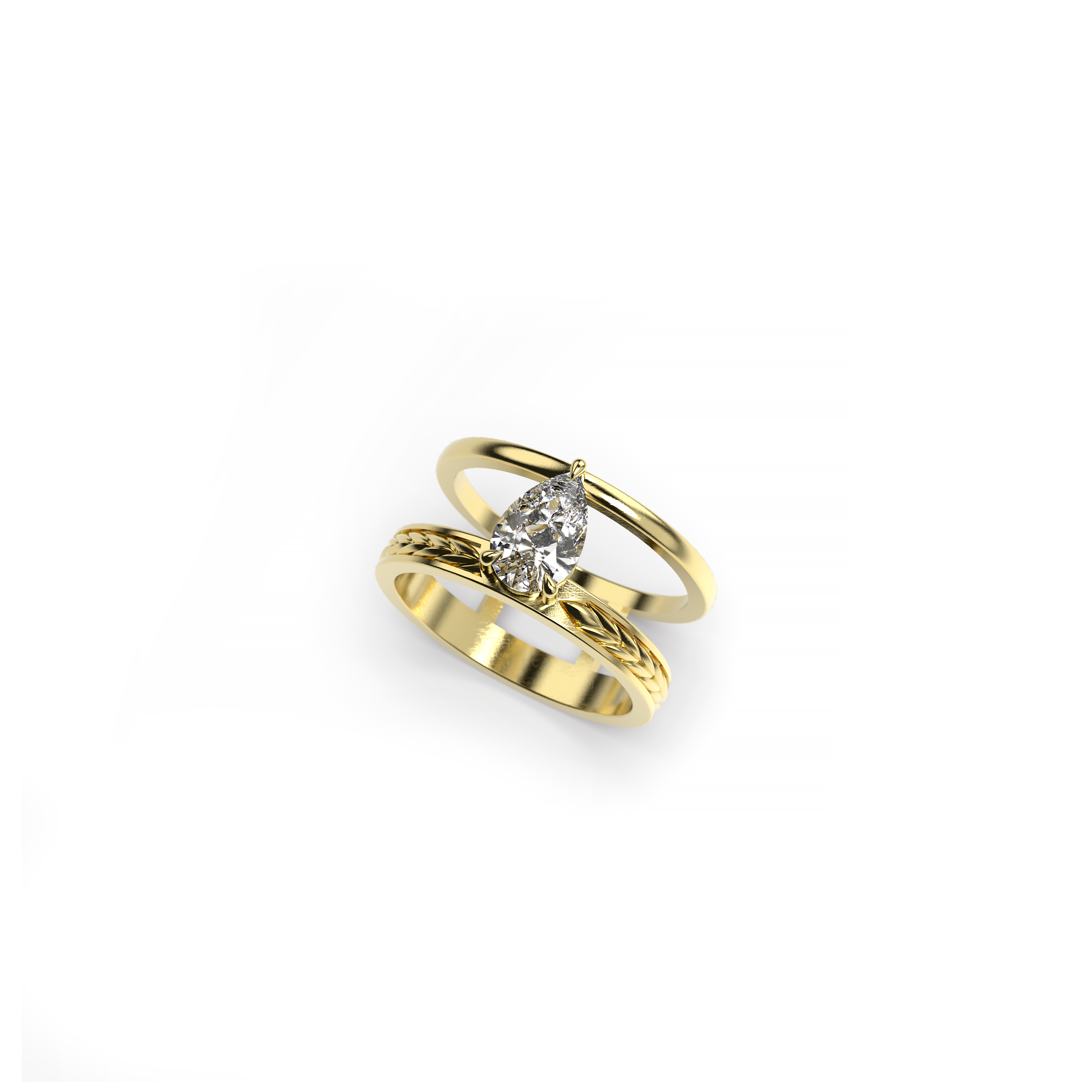 Yellow gold engagement ring set with 1ct pear-cut diamond and wheat-inspired sculptural band