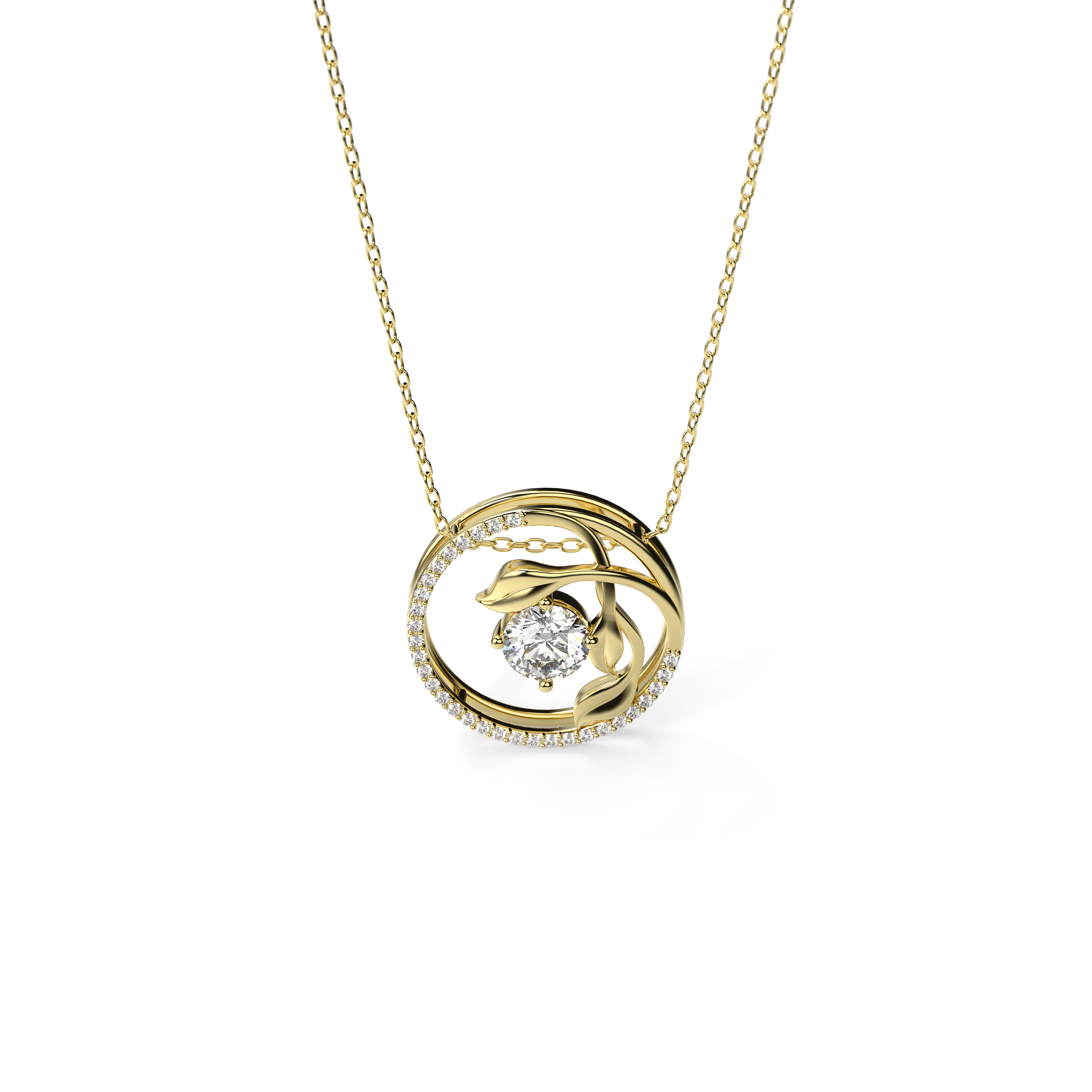 Round-Cut Diamond Pendant with Leaf Motif