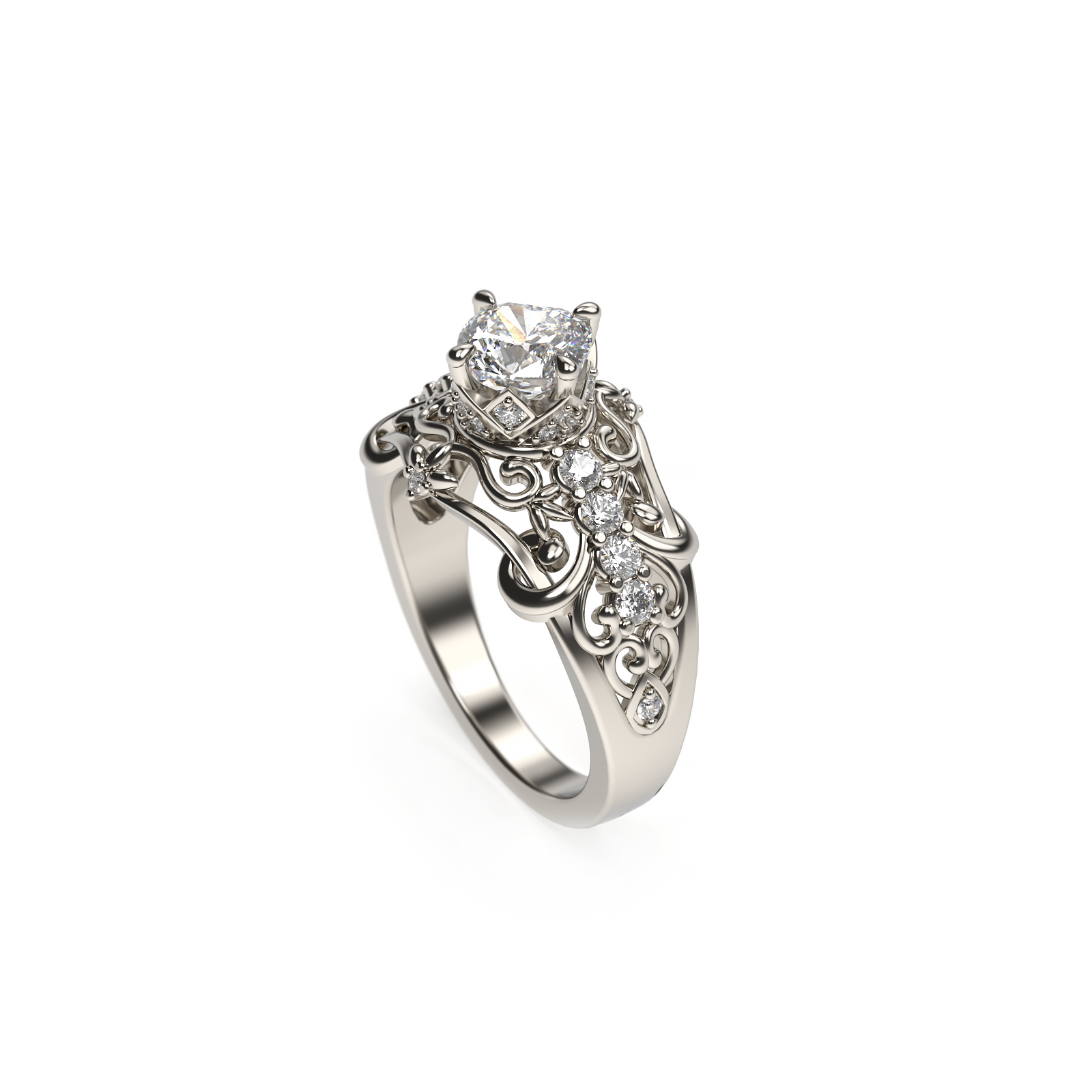 Side view of a vintage-inspired cushion-cut diamond ring with hidden halo and filigree scrollwork in white gold on a white background