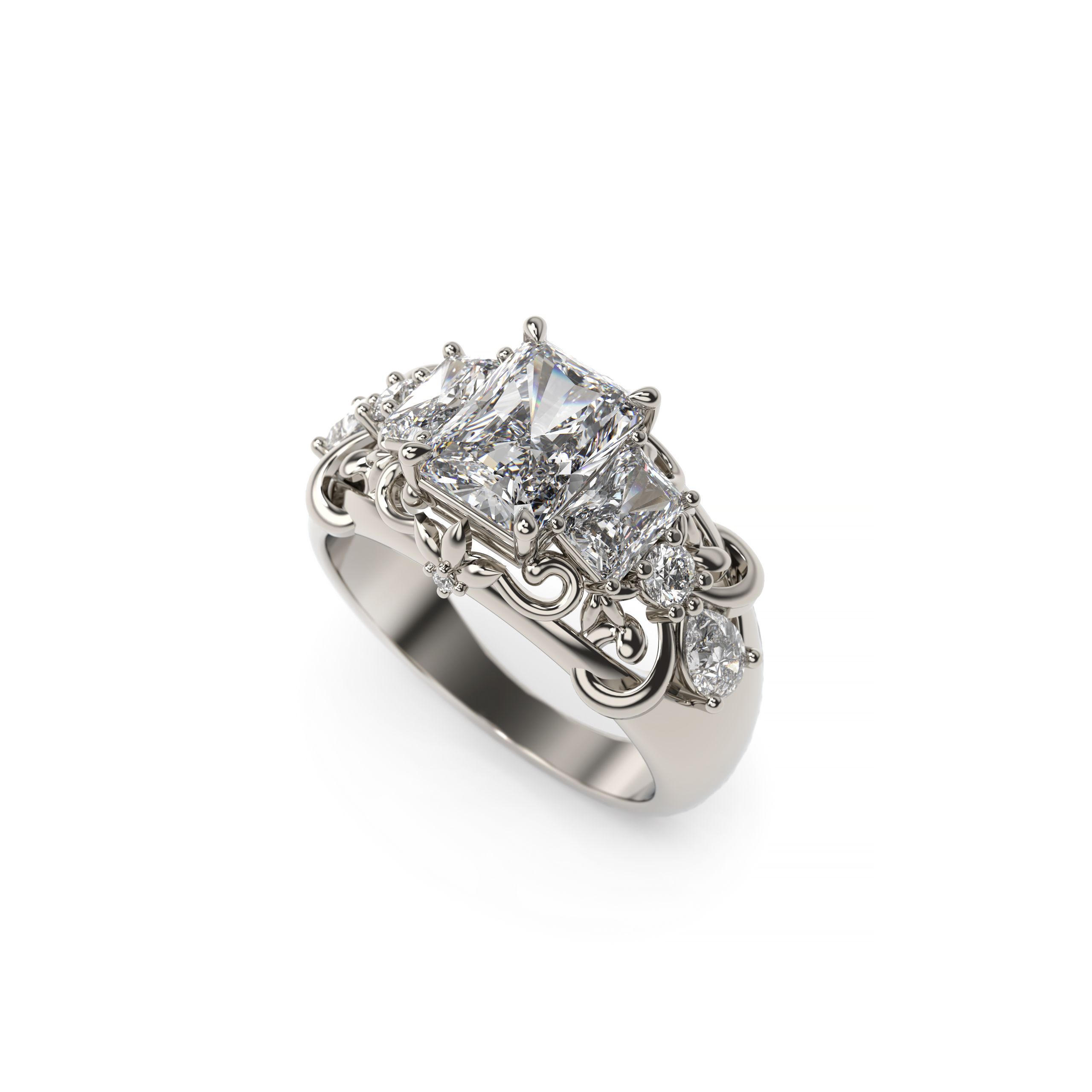 Three-stone radiant-cut diamond ring with filigree scrollwork in white gold, side view on white background