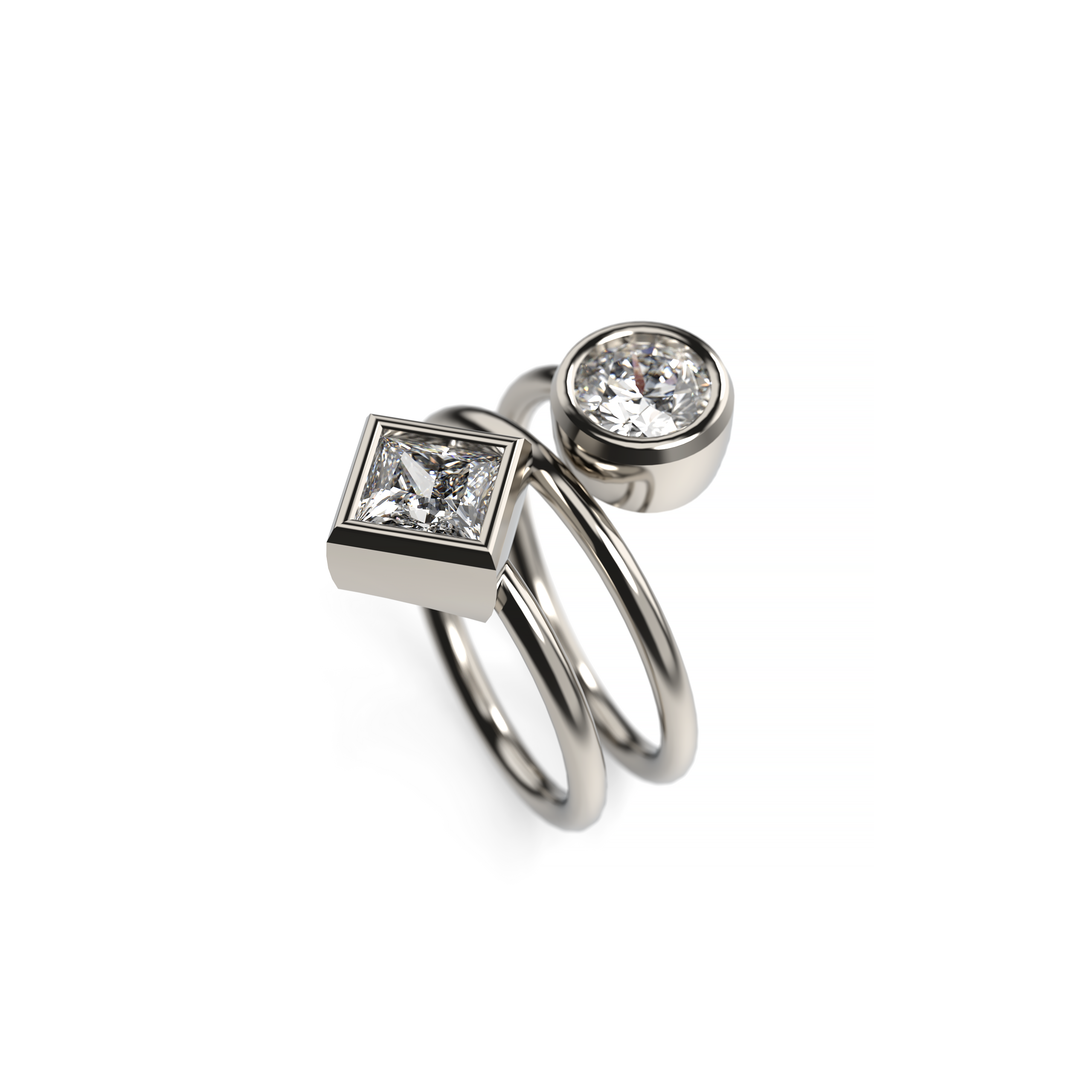 Spiral Two-Diamond Ring with Round and Princess-Cut Diamonds