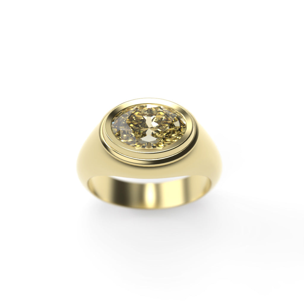 Front angled view of an oval yellow diamond signet ring with a matching yellow bezel