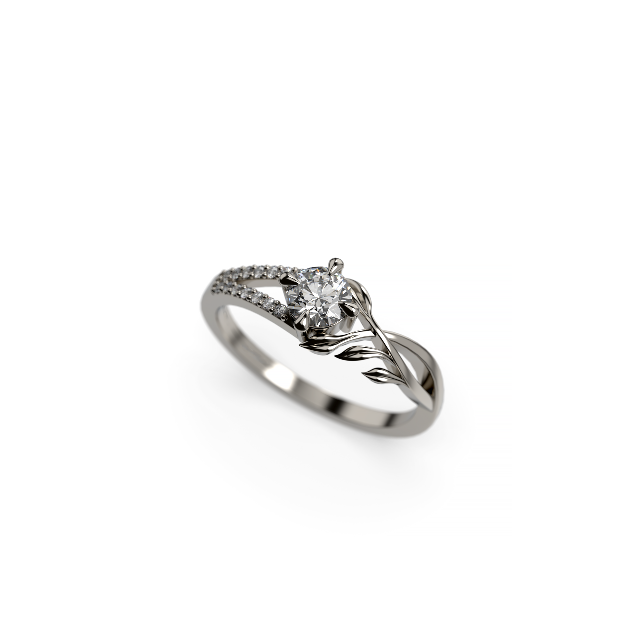 Round diamond ring in 18K white gold with sculpted leaf band and pavé accents – angled top view