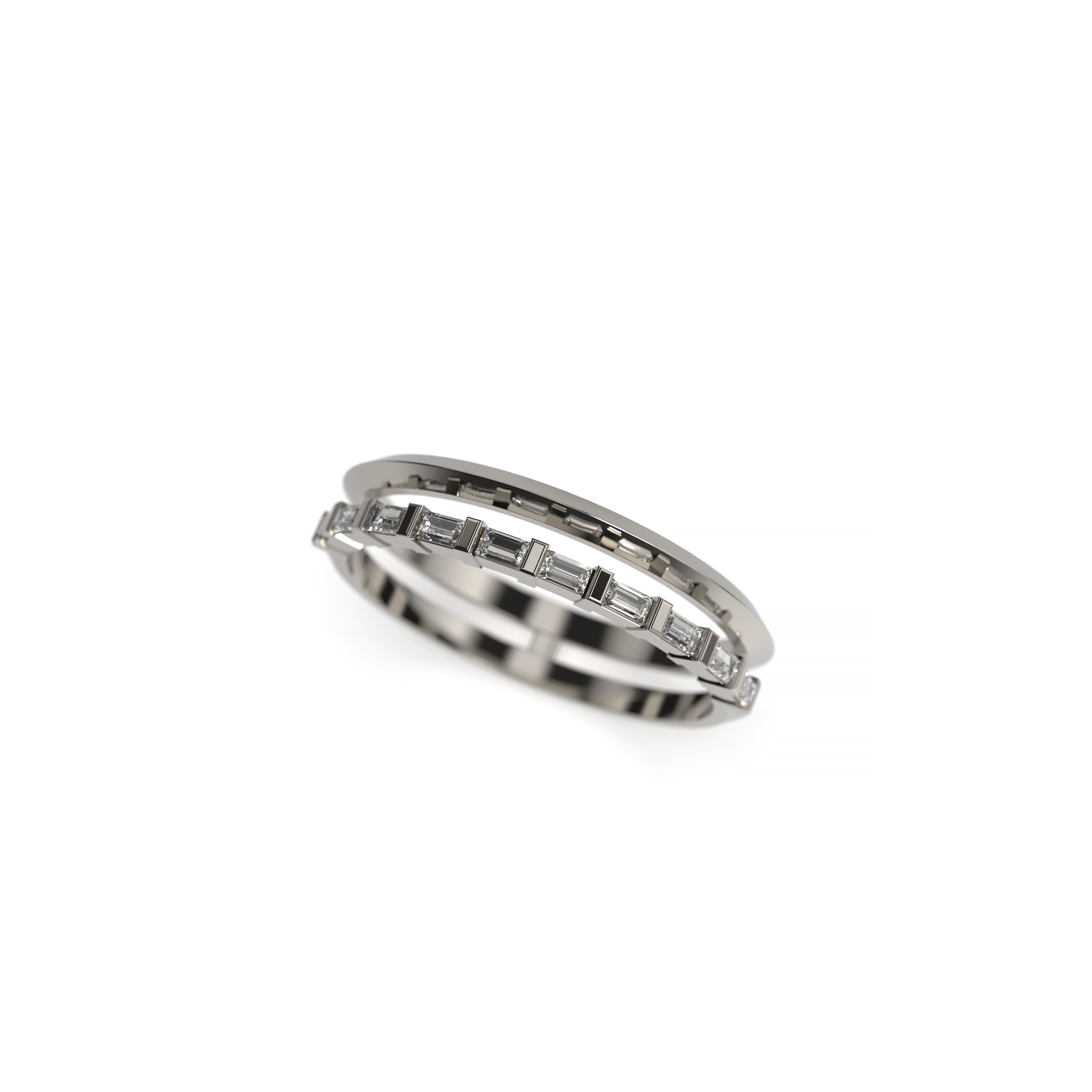 White gold double band ring with rectangular baguette diamonds, minimalist design captured from the top view.