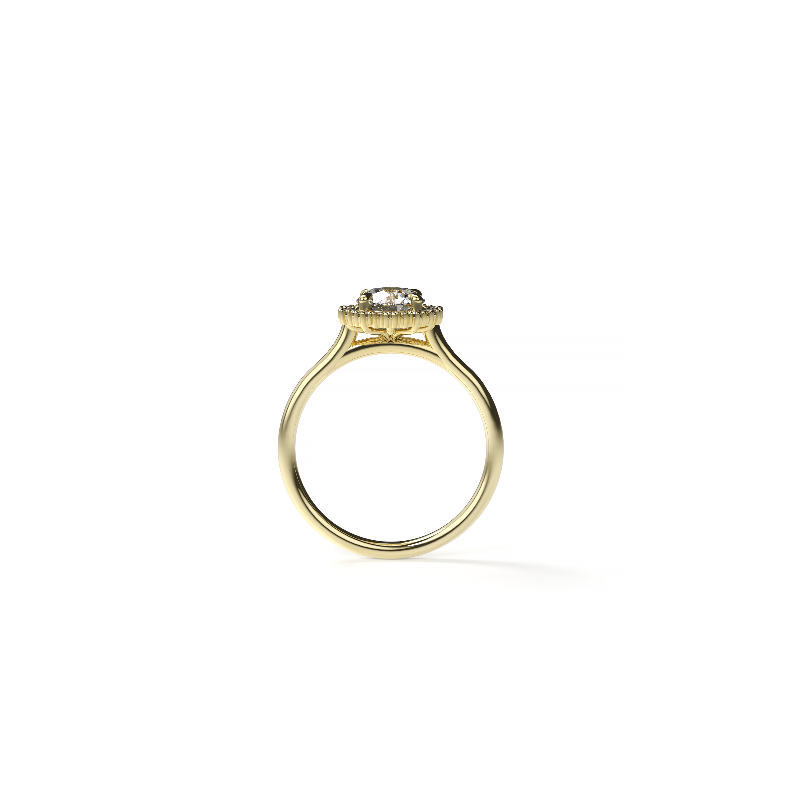 Yellow gold engagement ring featuring a 1-carat round diamond with a classic diamond halo and polished band, shown in front view