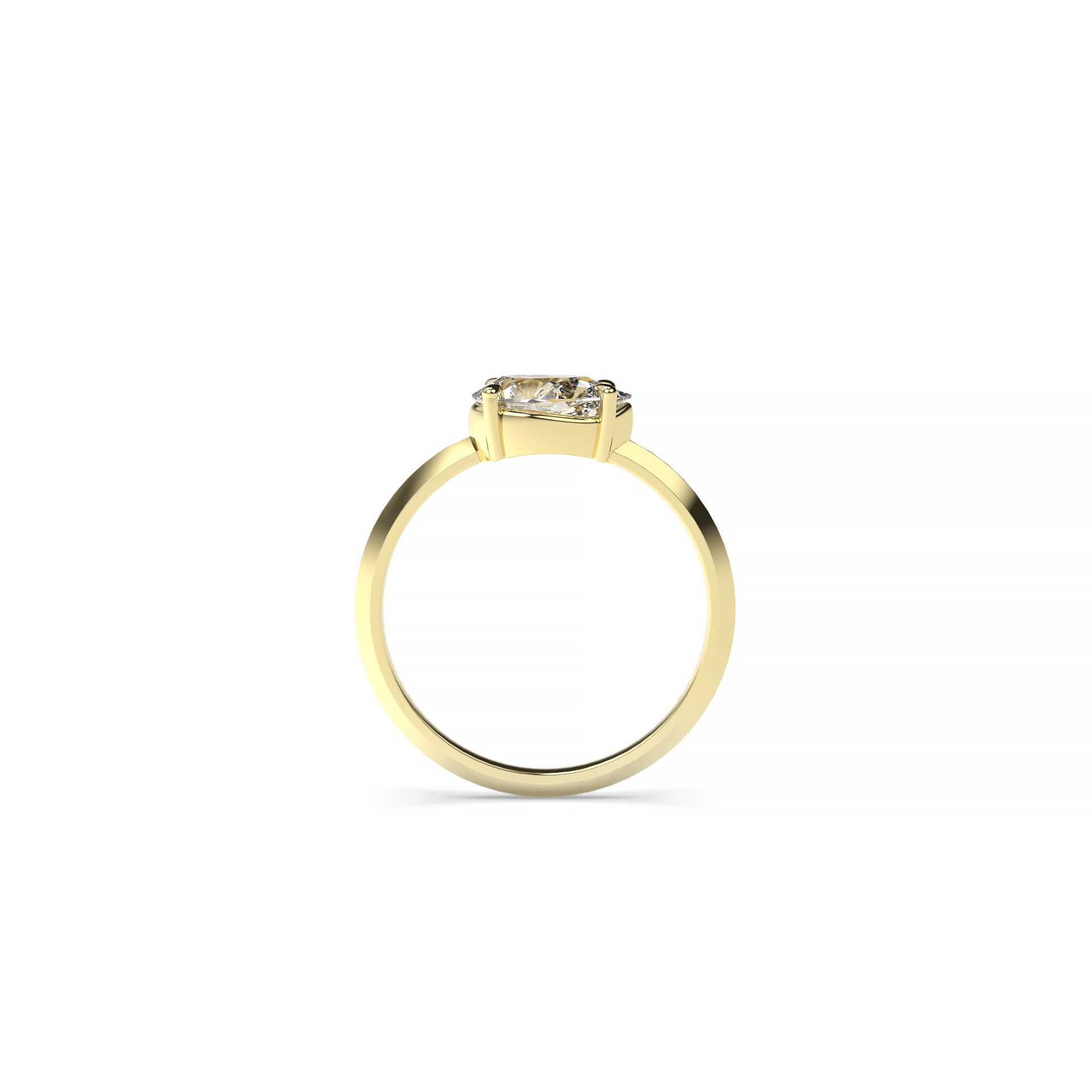 East-west pear-shaped diamond engagement ring in yellow gold, side view