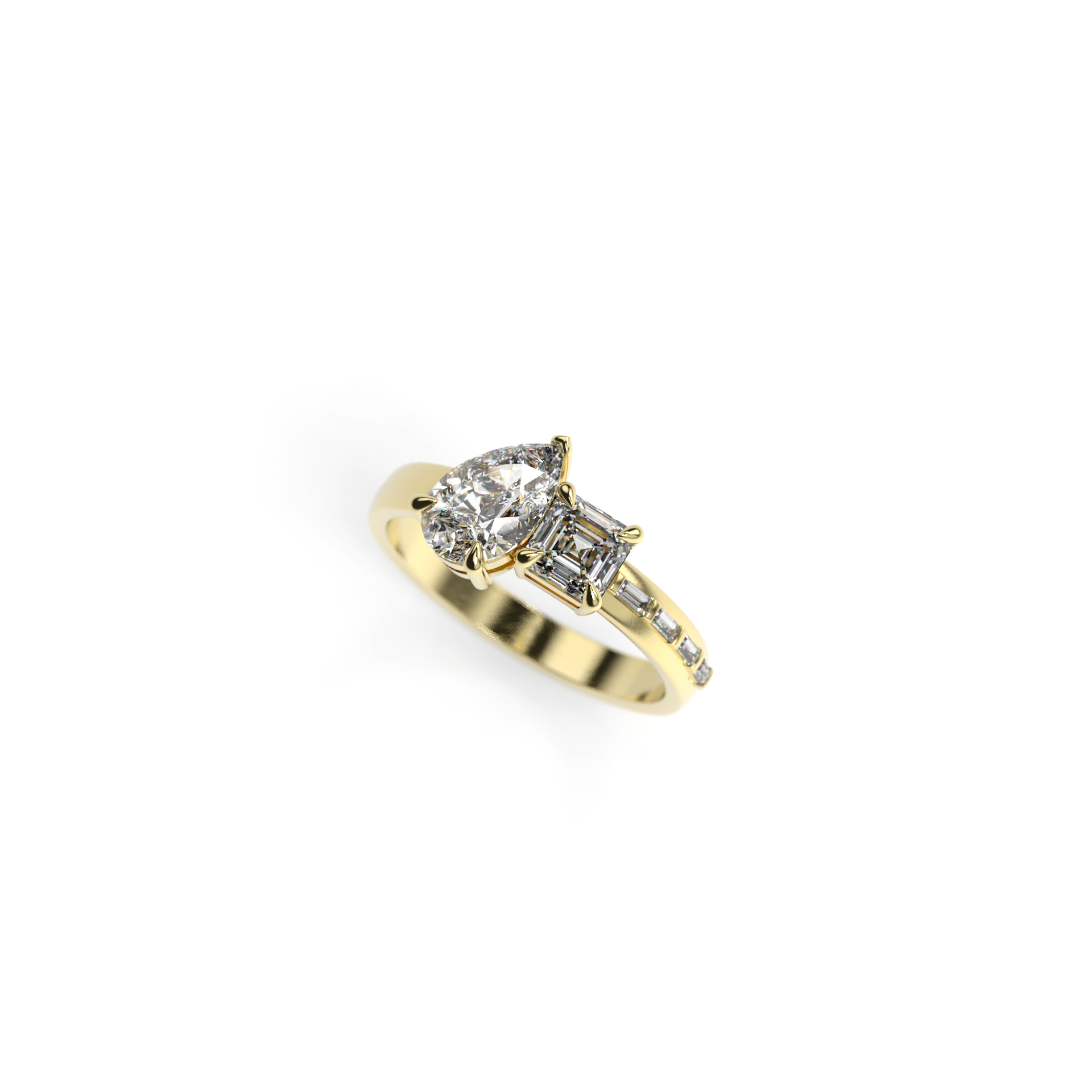 Pear-shaped and Asscher diamond engagement ring in yellow gold, angled view