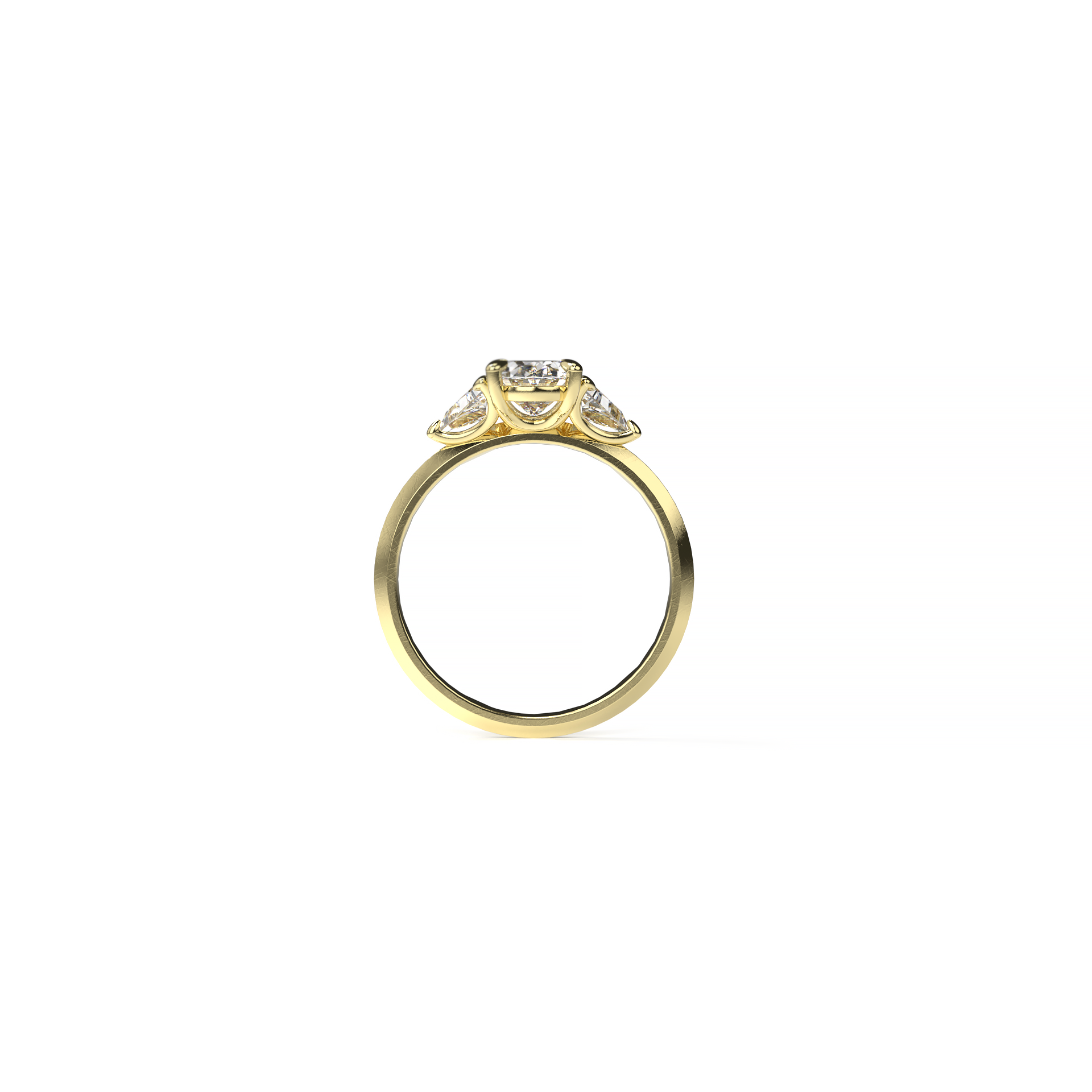 Three-stone engagement ring featuring an oval diamond center flanked by two pear-shaped diamonds on a yellow gold band, side view