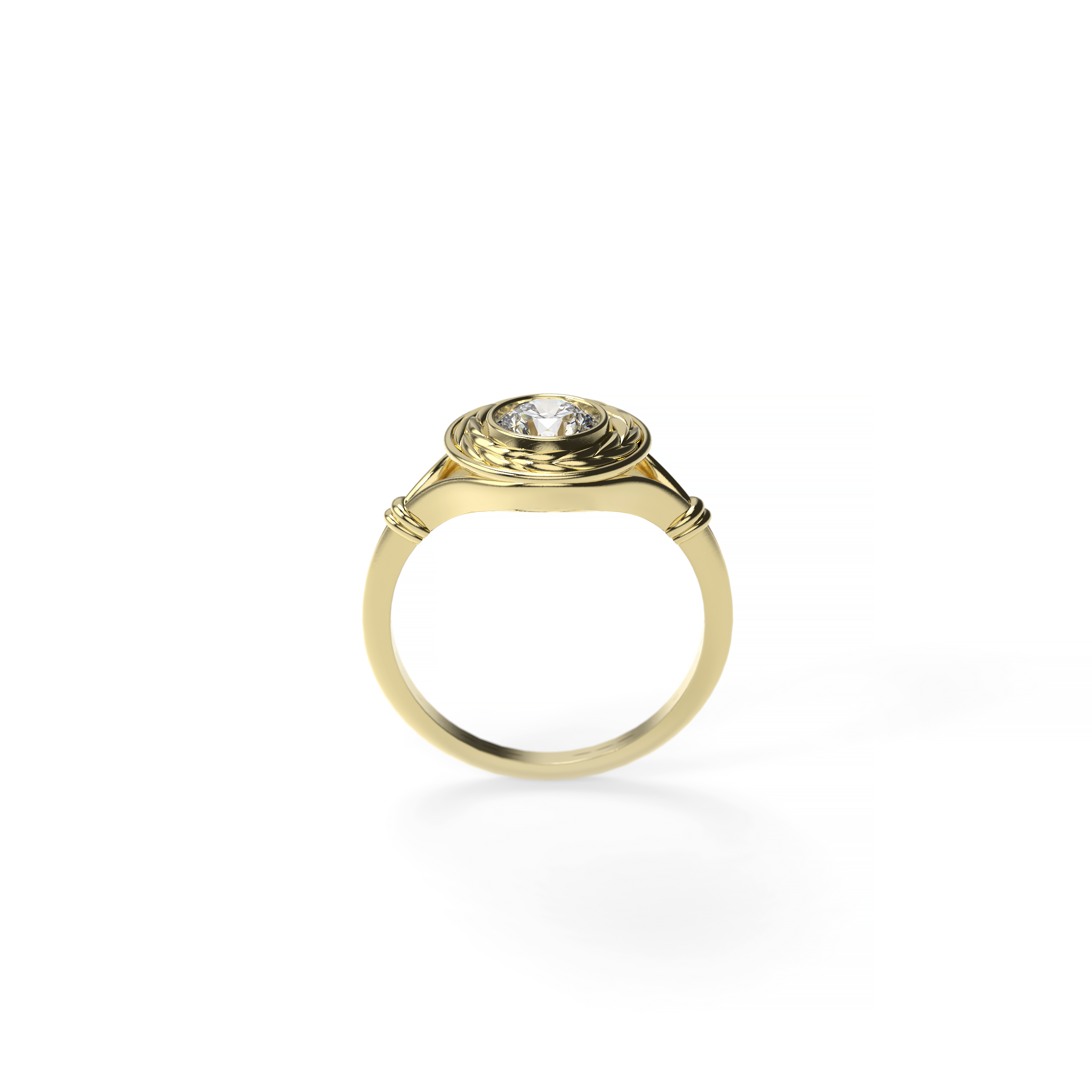 Round diamond engagement ring in yellow gold with wheat-inspired bezel and D-shaped band, shown in front view