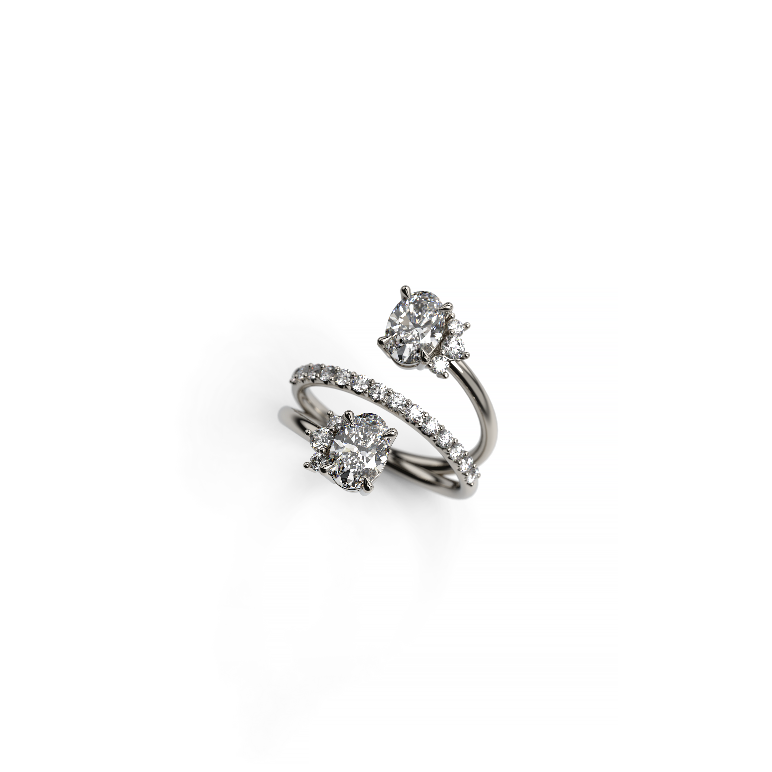 White gold bypass ring featuring two oval diamonds with half halos and a pavé-set diamond band, perspective view