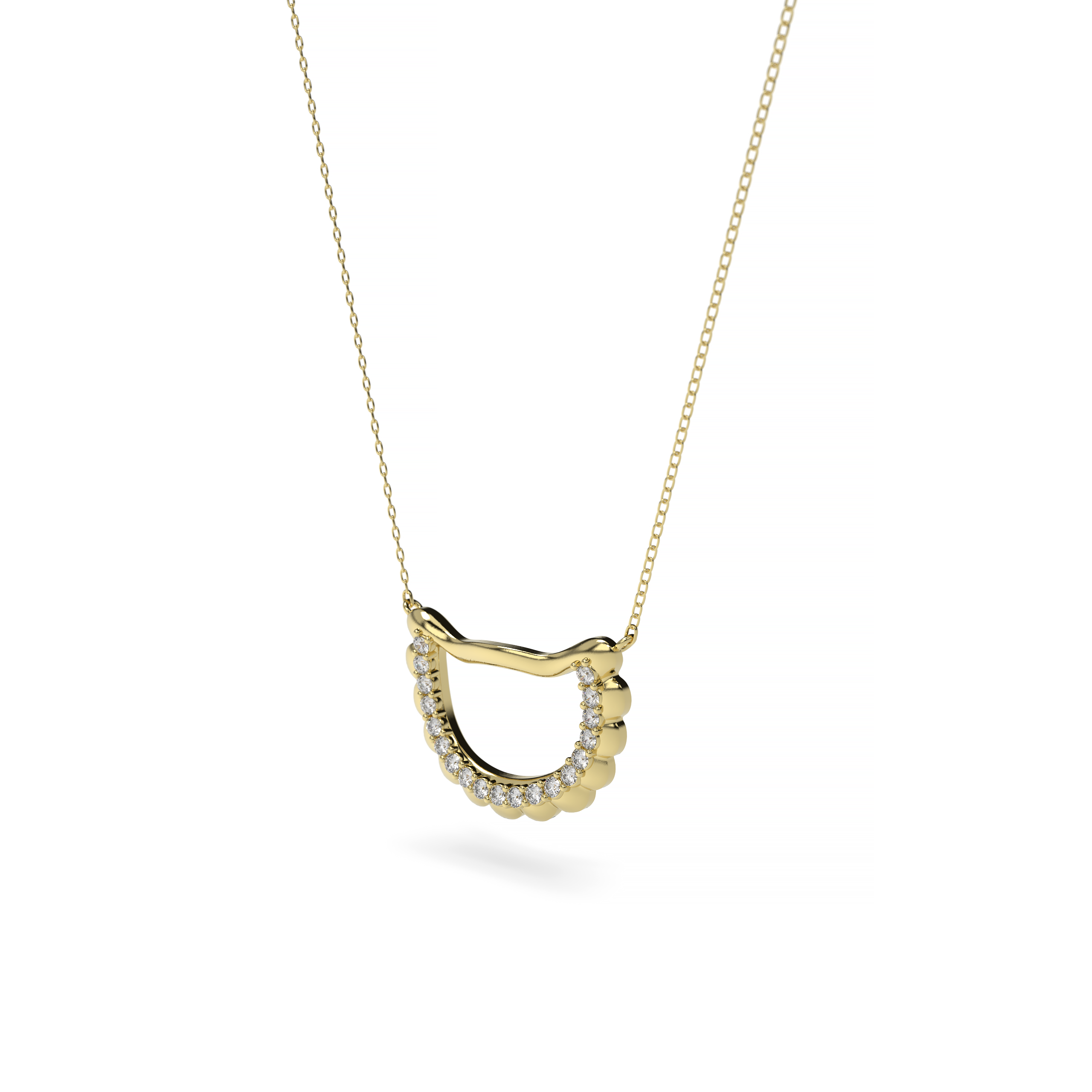 Delicate 14K gold necklace featuring sculptural dumpling shape and round diamonds
