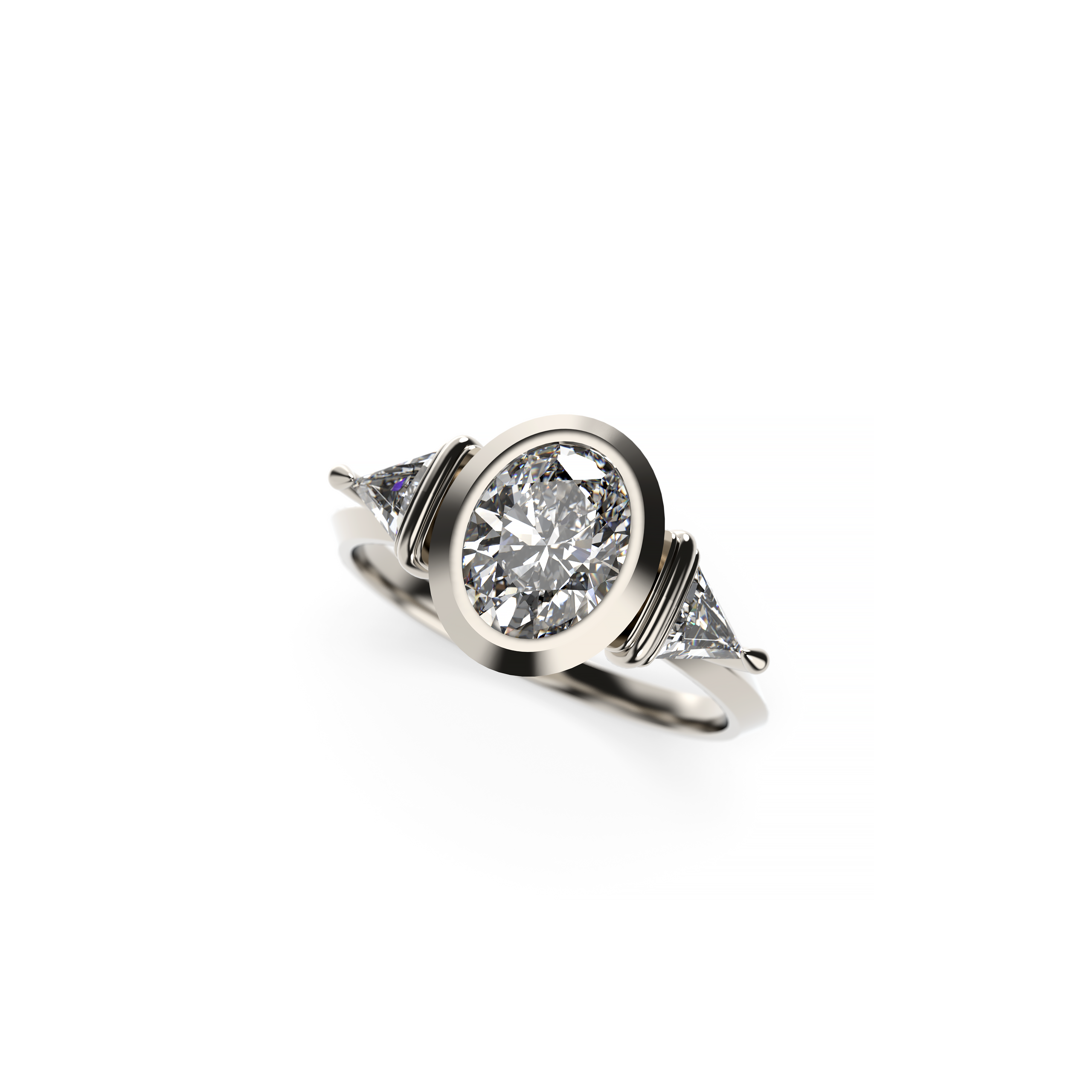 Oval Bezel-Set Diamond Engagement Ring with Trillion Side Stones and Knife-Edge Band