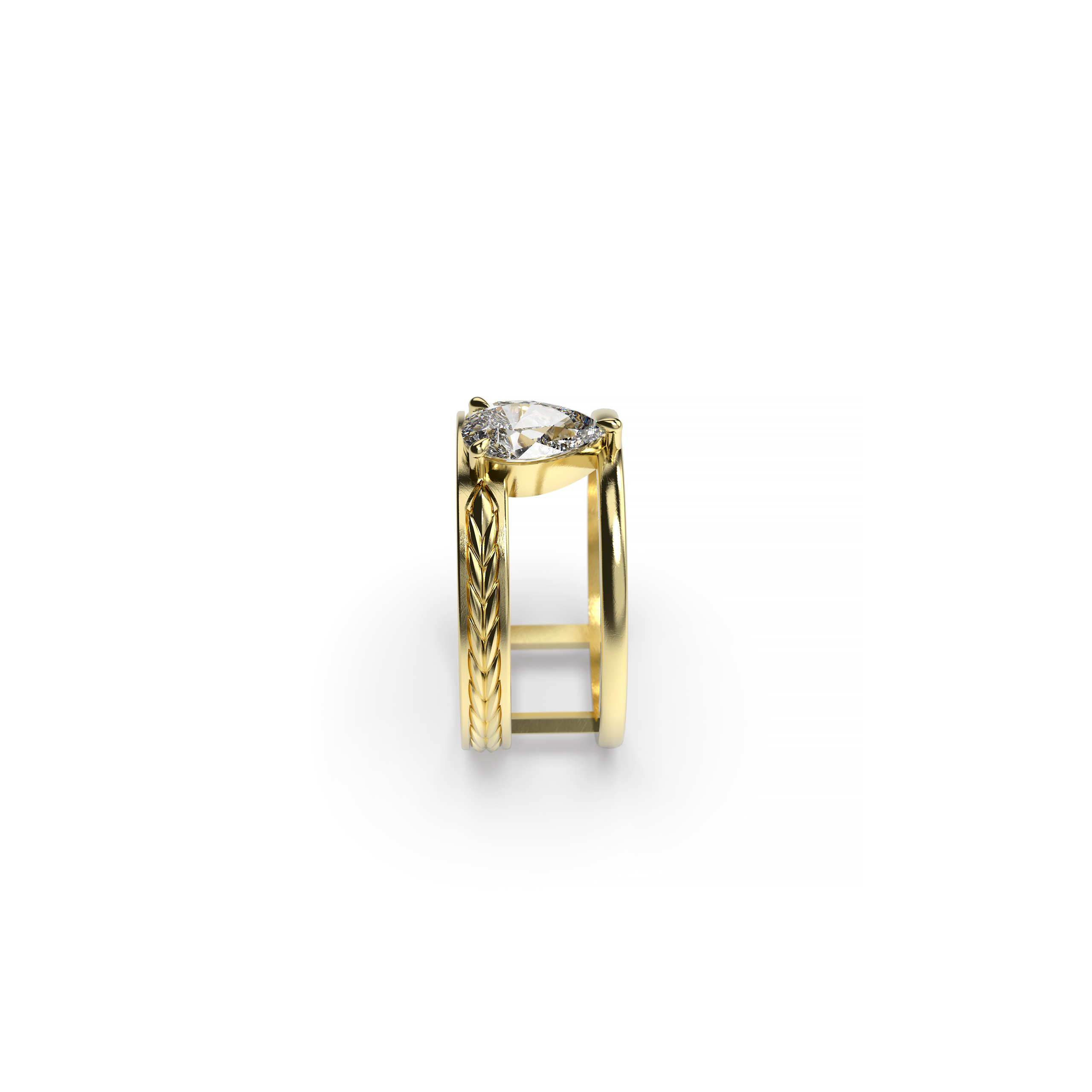 Custom engagement ring in 14K or 18K gold with 1ct pear-cut diamond and nature-inspired wheat texture
