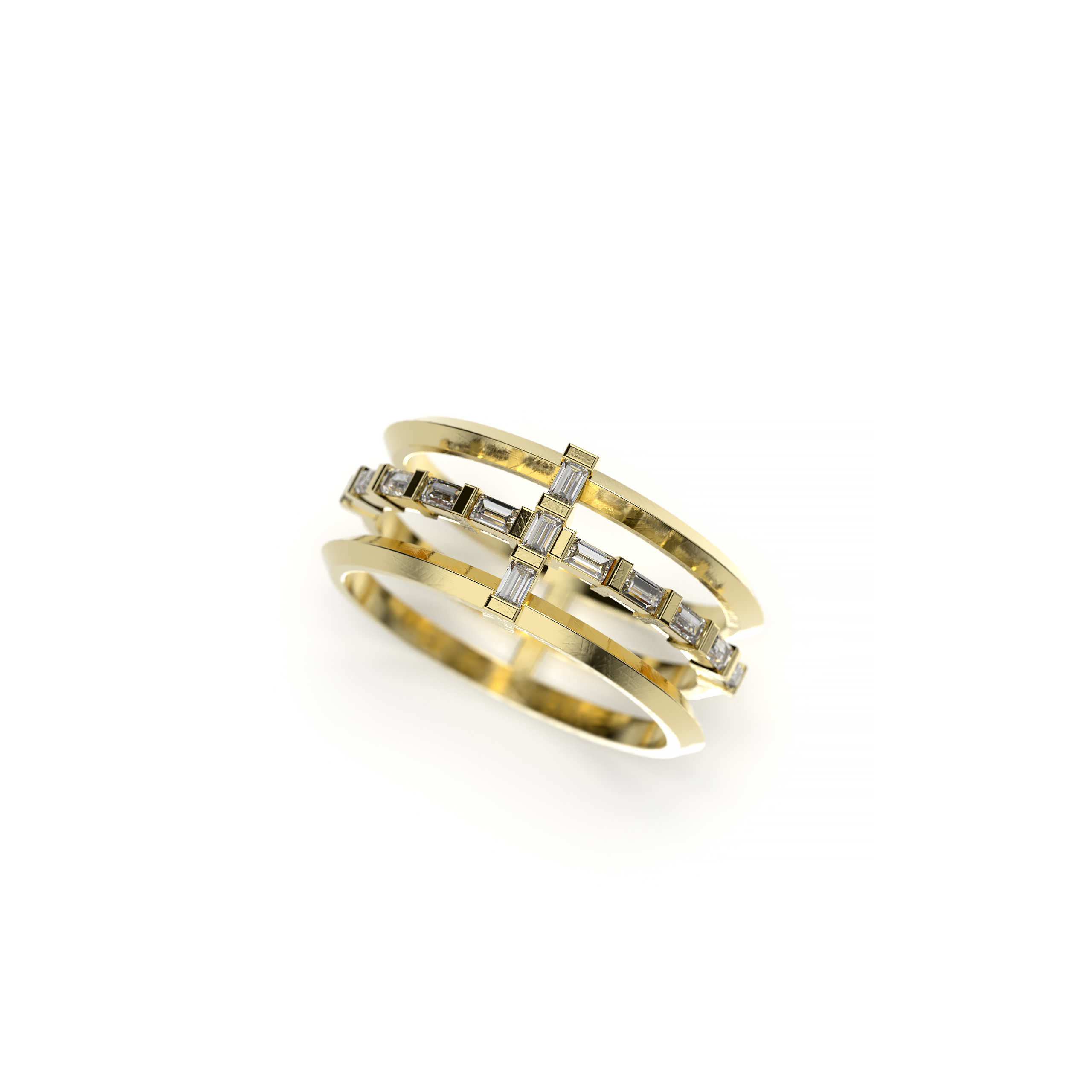Triple band ring in yellow gold with baguette diamonds forming a cross motif, angled view on white background