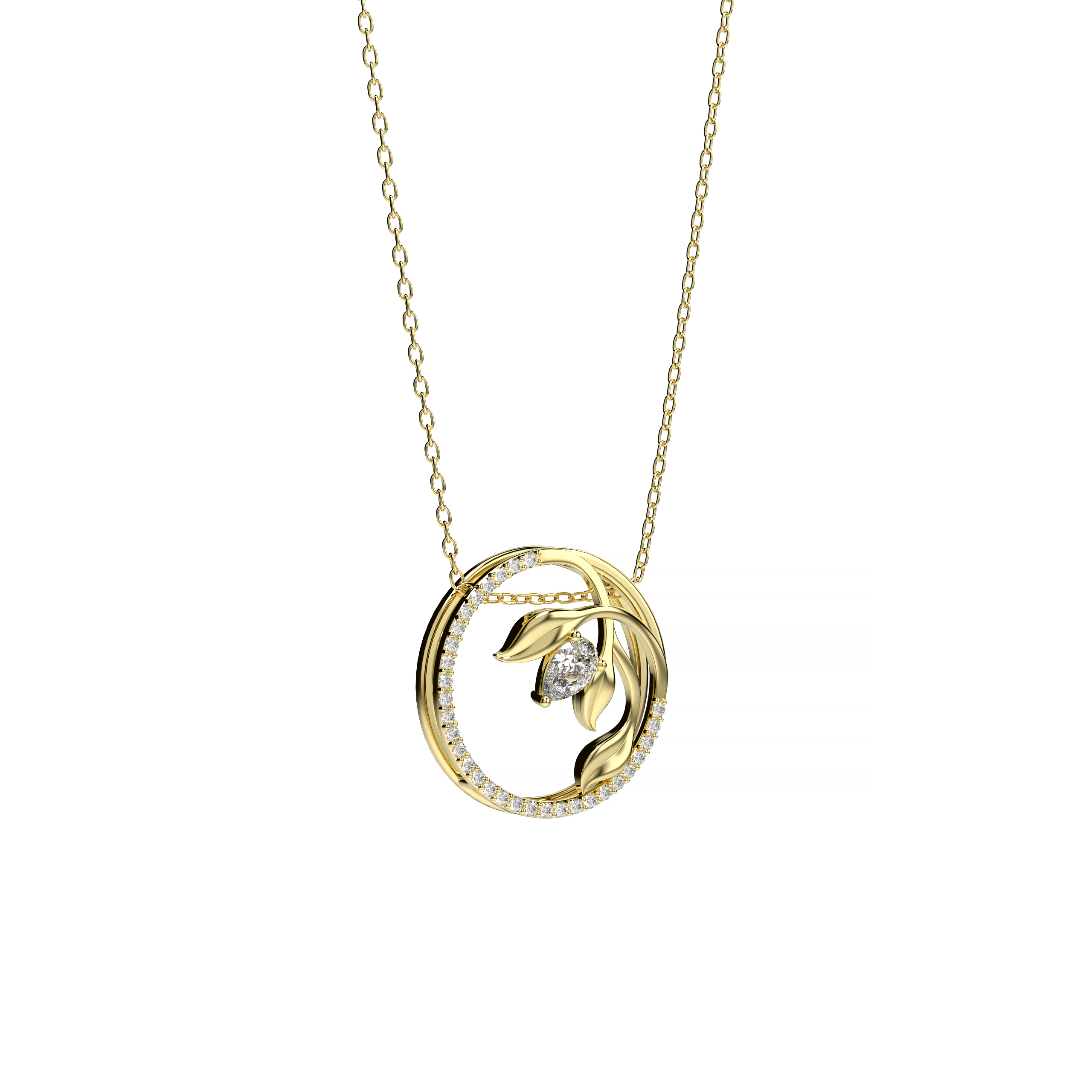 Pear-Shaped Diamond Pendant with Leaf Motif