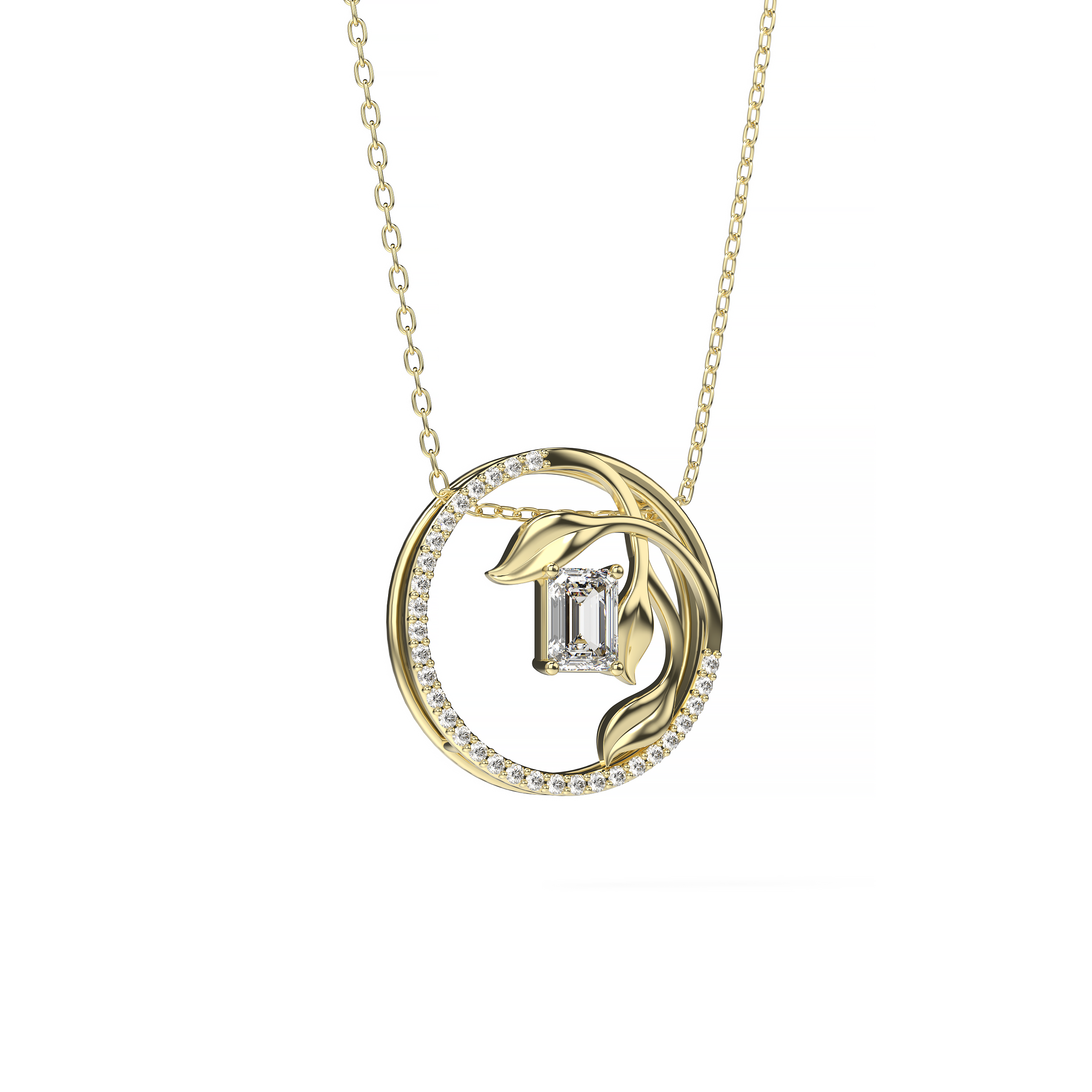 Emerald-Cut Diamond Pendant with Leaf Motif