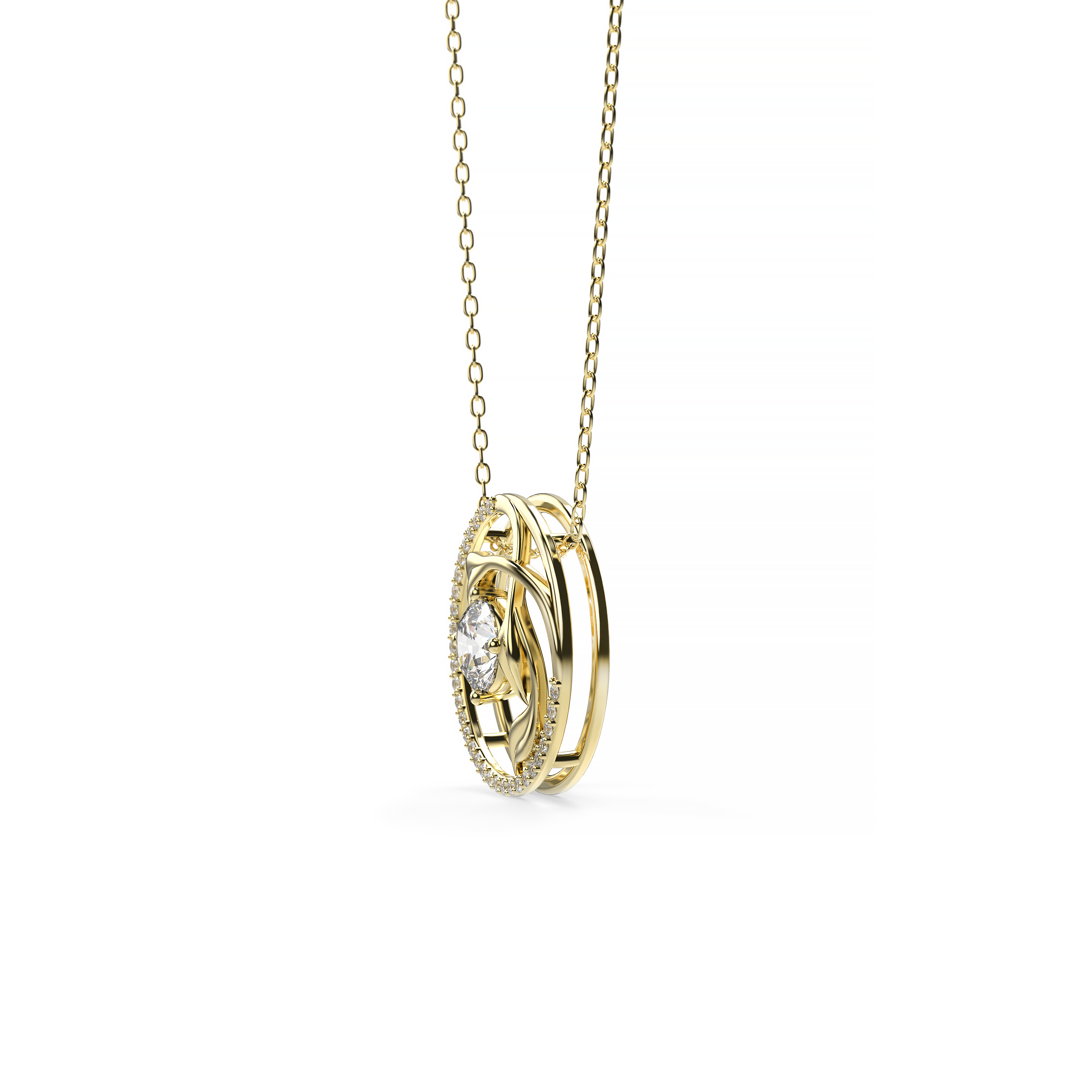 Round-Cut Diamond Pendant with Leaf Motif