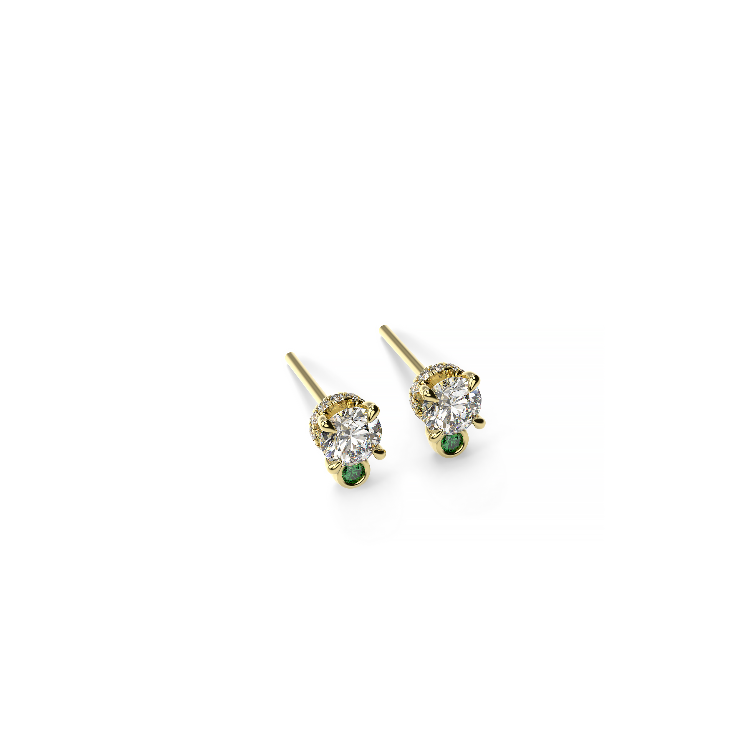 Round Diamond Halo Earrings with Emerald Accents