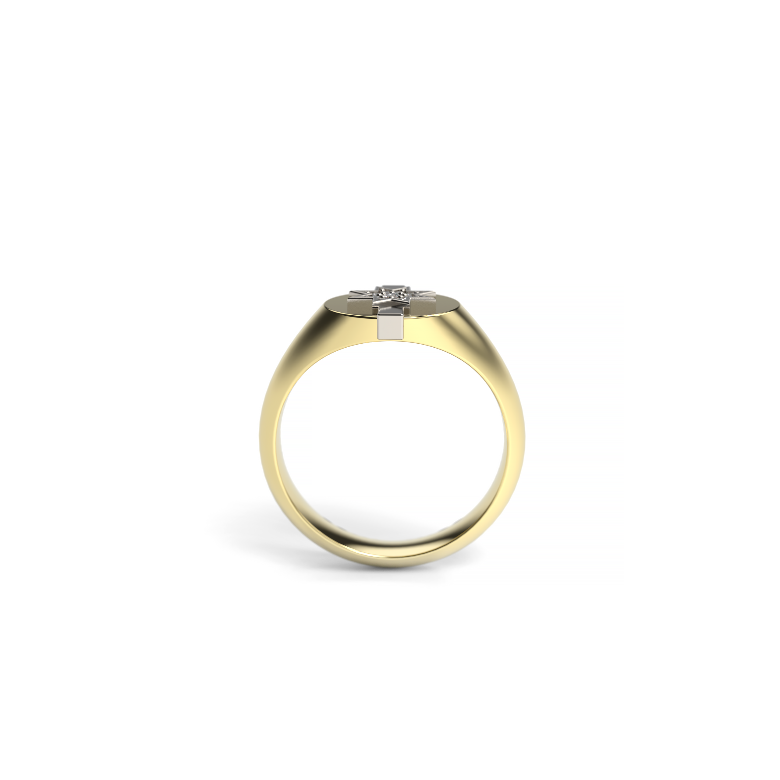 Star signet ring with diamond cluster and D-shape band  front view