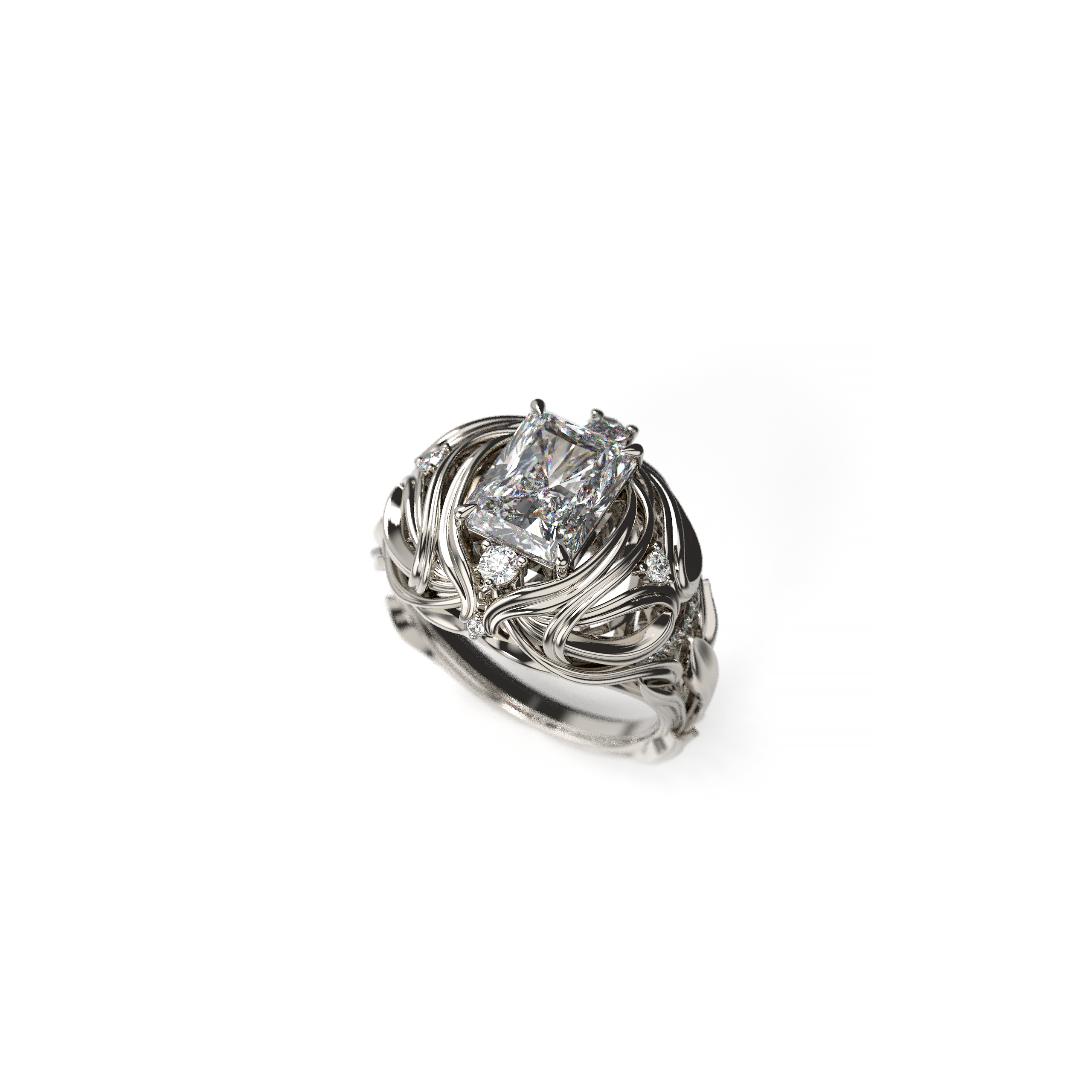 2ct radiant cut diamond ring with pear-shaped and round accent diamonds, sculptural leaf-inspired band  top view