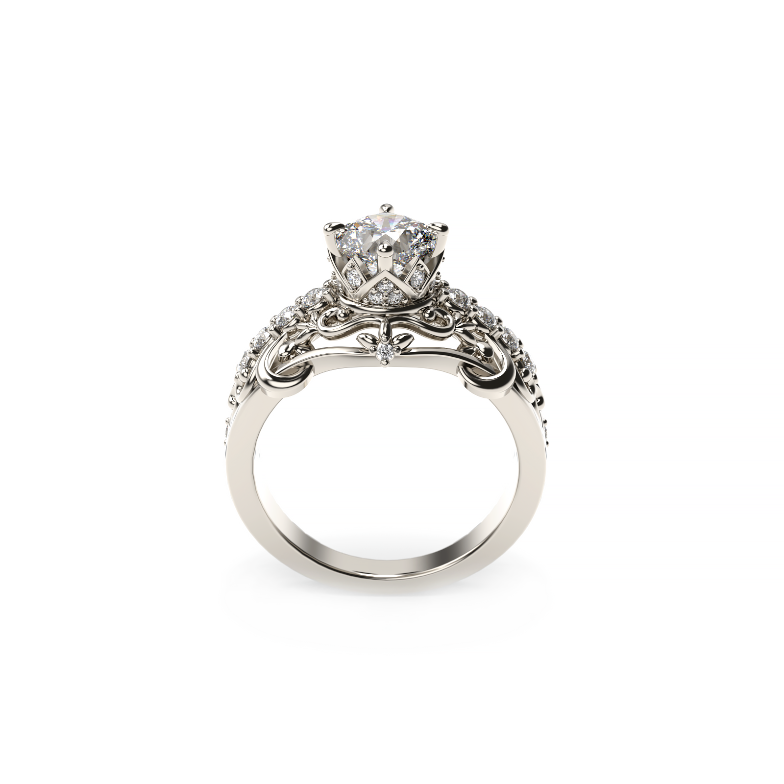 Profile view of a vintage-inspired cushion-cut diamond ring with hidden halo, filigree scrollwork, and diamond accents in white gold on a white background