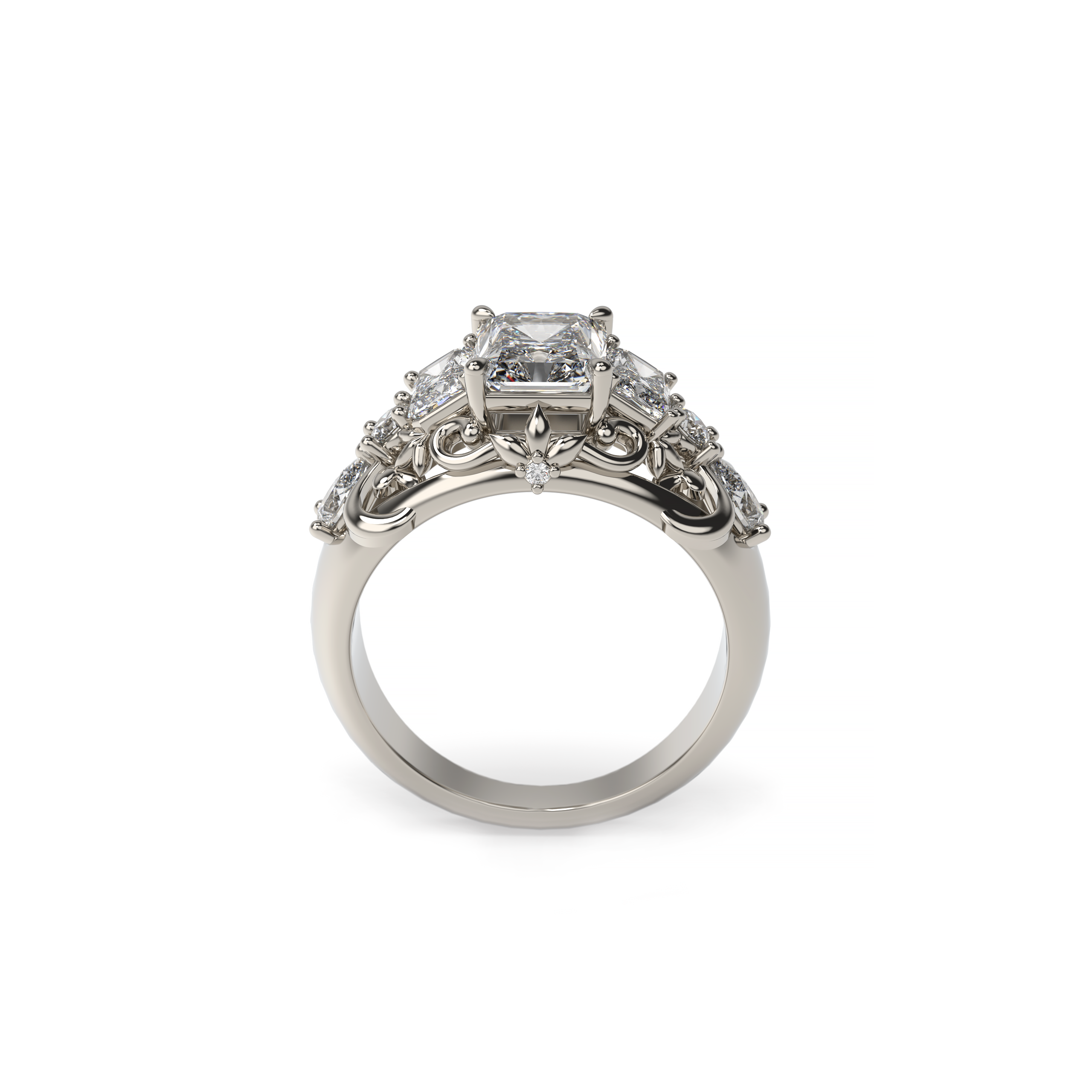 Profile view of a vintage-inspired three-stone radiant-cut diamond ring with filigree scrollwork and accent diamonds in white gold on a white background