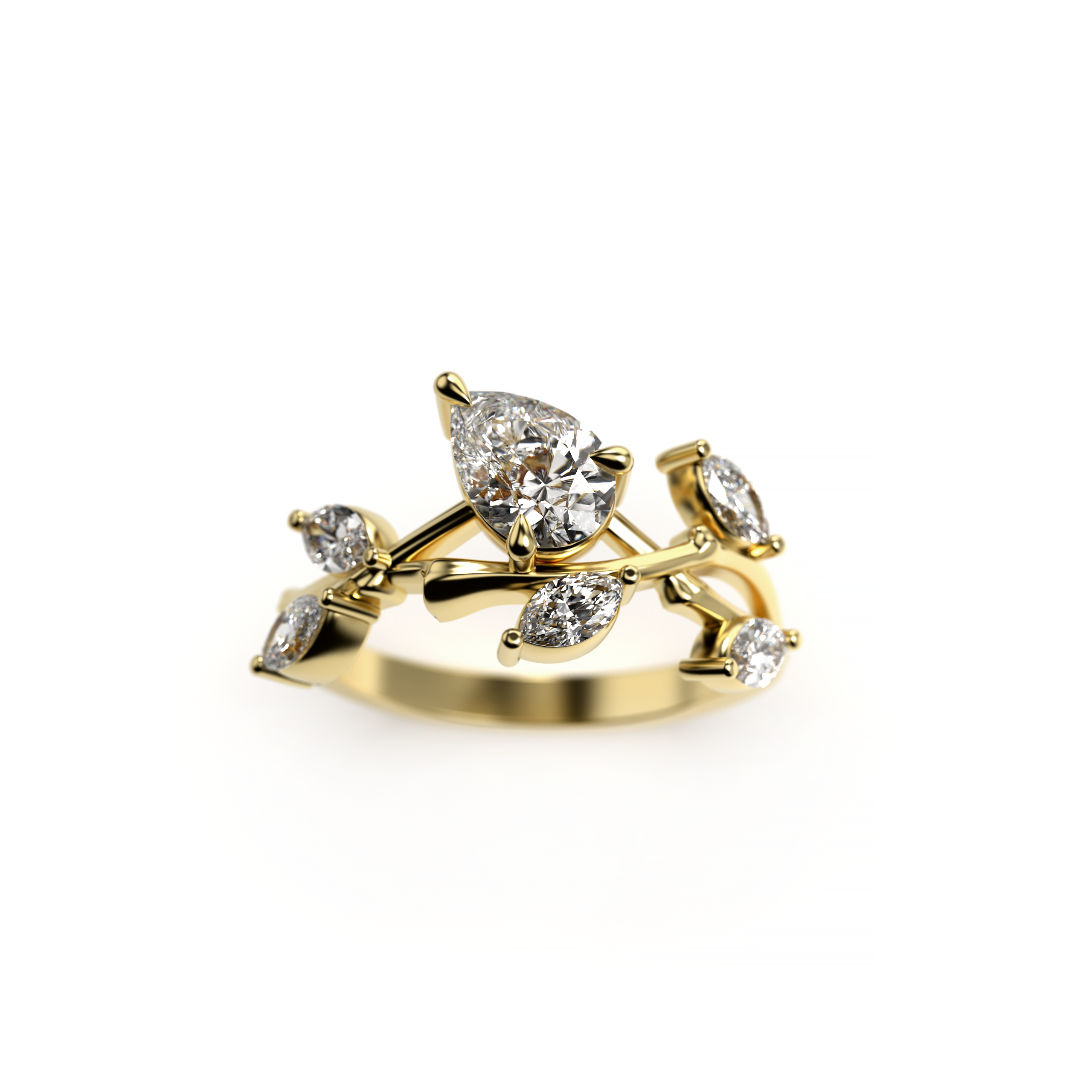 Yellow gold pear diamond engagement ring with vine-inspired design, marquise side diamonds, and delicate pear diamond accents